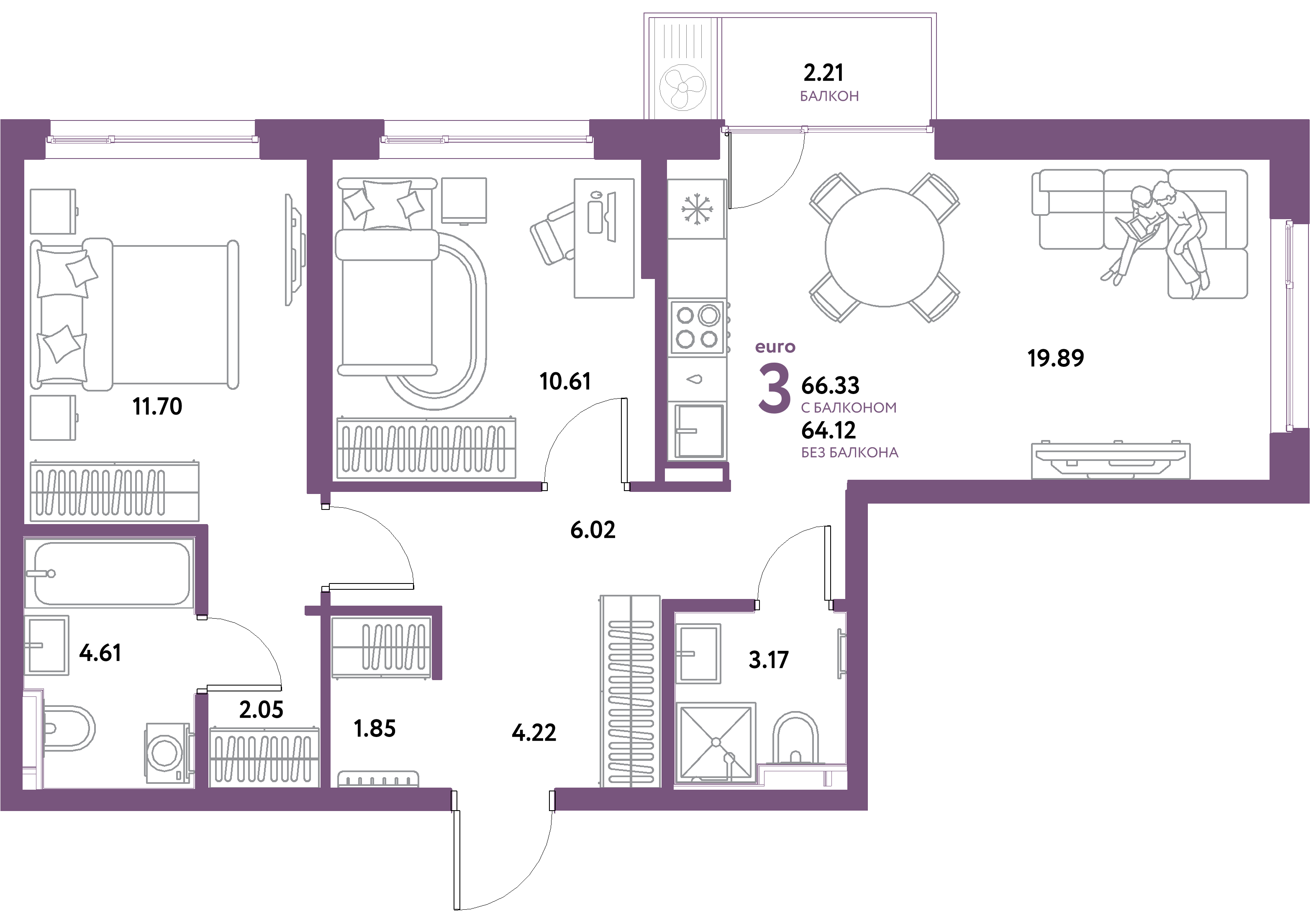 ЖК "Уральский сад"-3-комнатная 66.33 м²