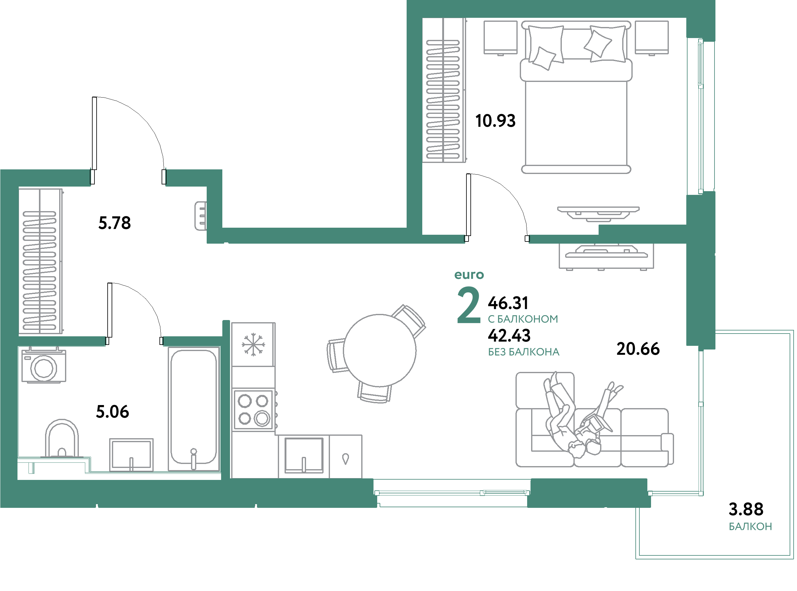 ЖК "Уральский сад"-2-комнатная 46.31 м²