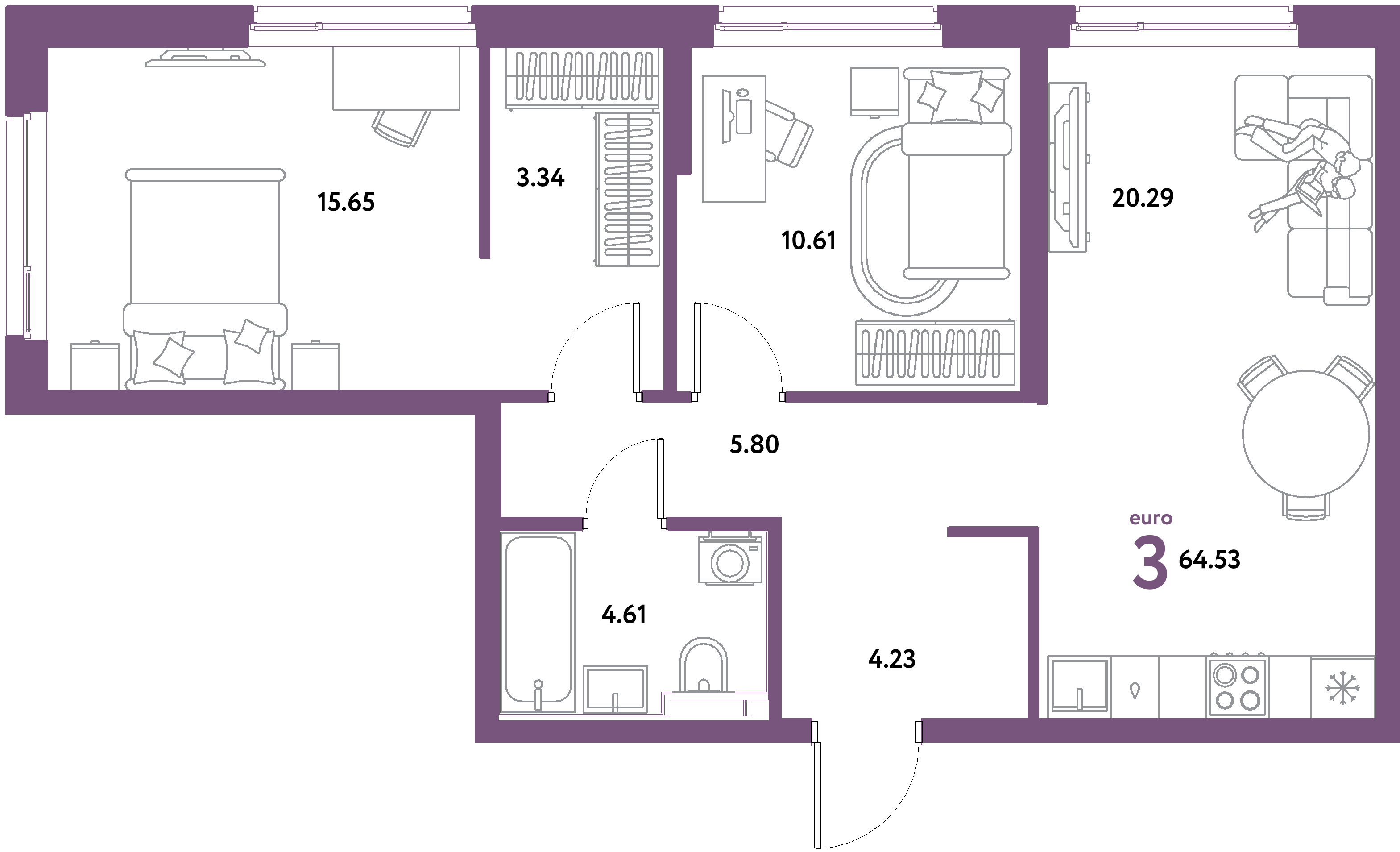 ЖК "Уральский сад"-3-комнатная 64.53 м²