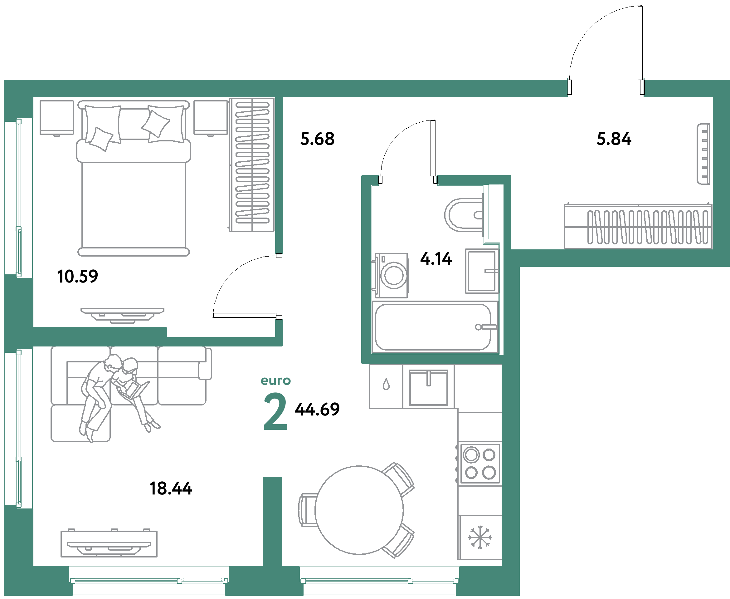 ЖК "Уральский сад"-2-комнатная 44.69 м²