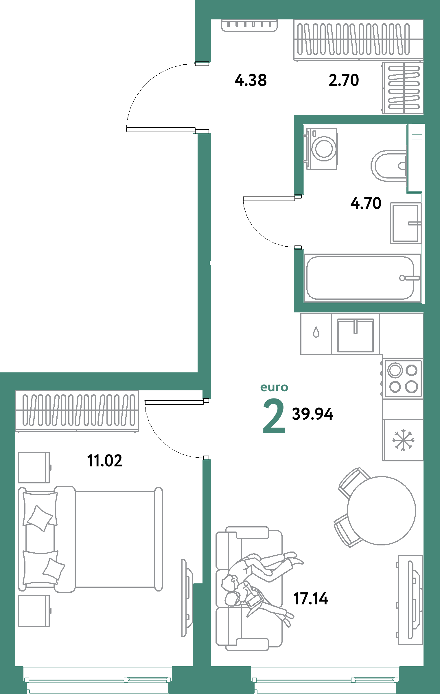 ЖК "Уральский сад"-2-комнатная 39.94 м²