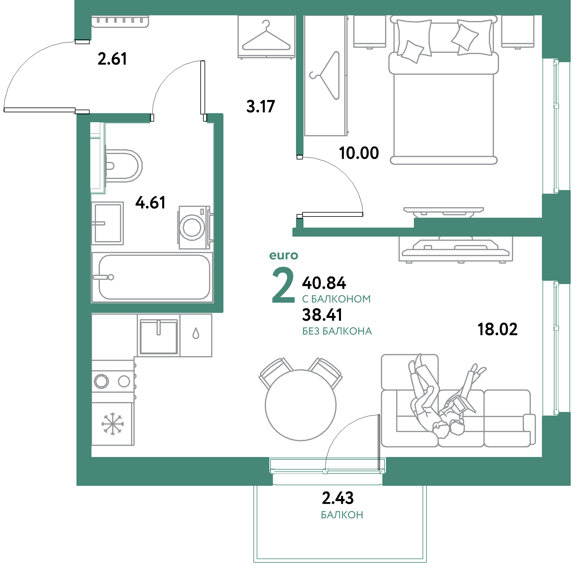ЖК "Уральский сад"-2-комнатная 40.84 м²