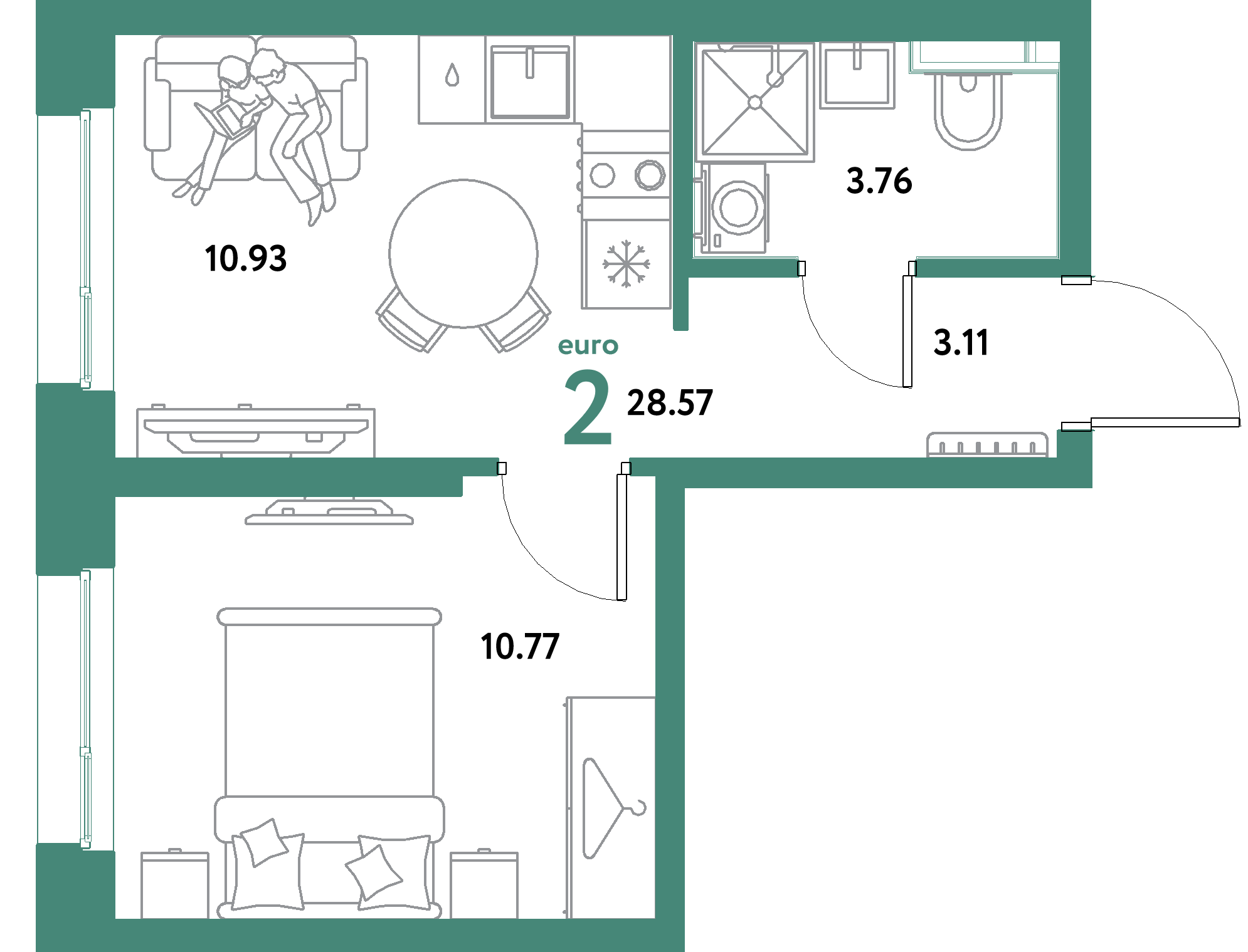 ЖК "Уральский сад"-2-комнатная 28.57 м²