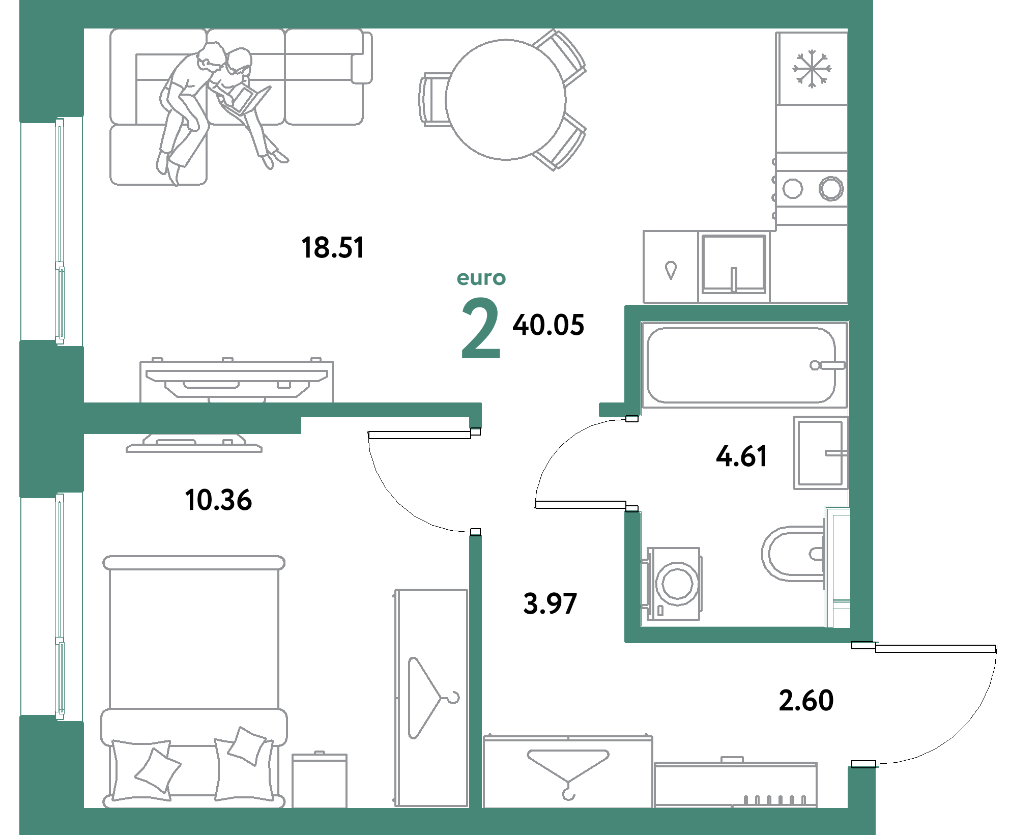 ЖК "Уральский сад"-2-комнатная 40.05 м²