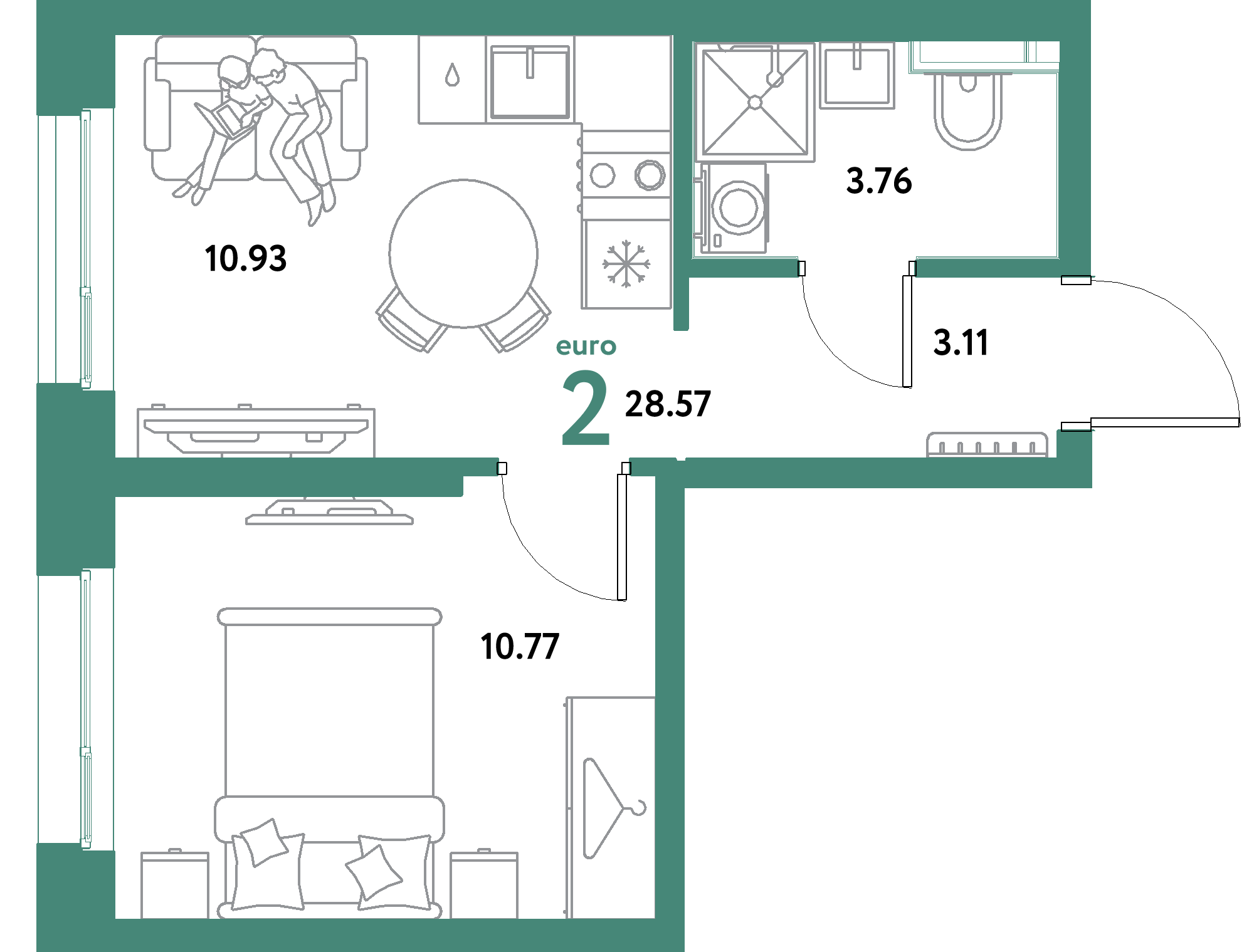 ЖК "Уральский сад"-2-комнатная 28.57 м²