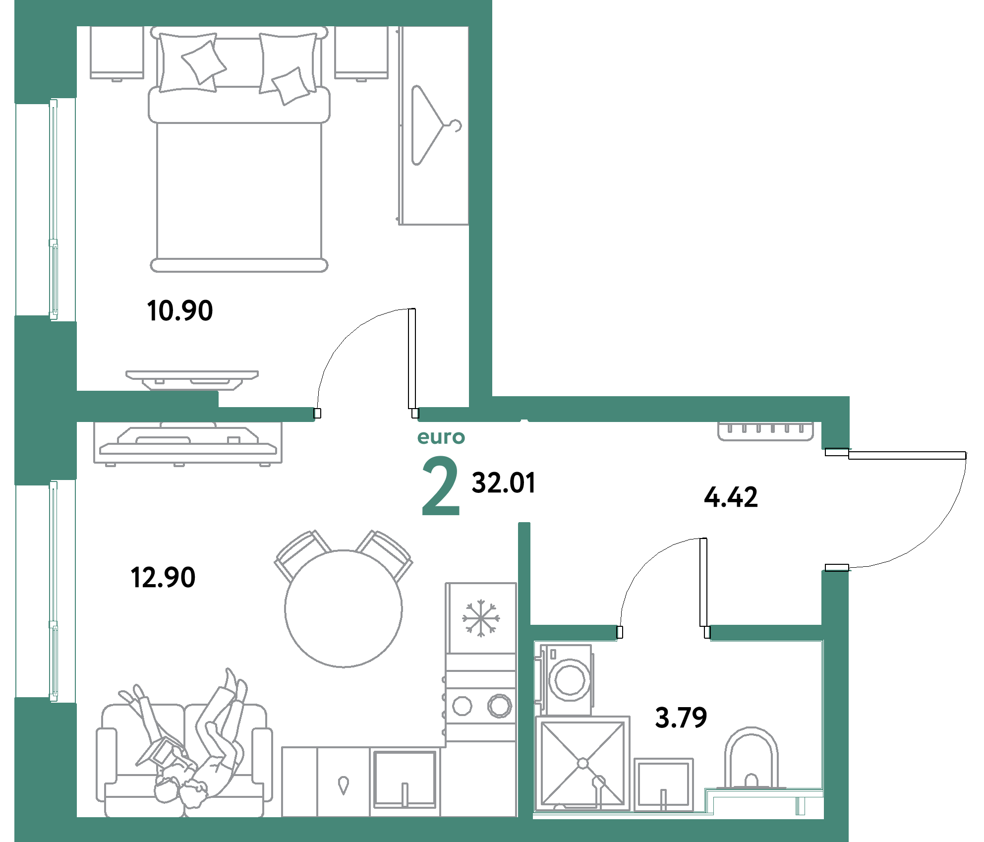 ЖК "Уральский сад"-2-комнатная 32.01 м²