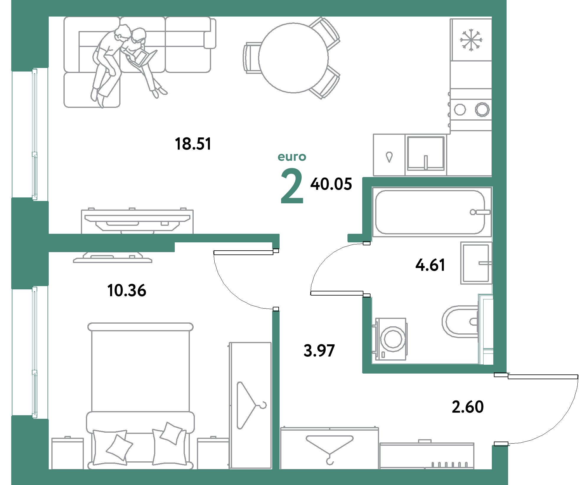 ЖК "Уральский сад"-2-комнатная 40.05 м²