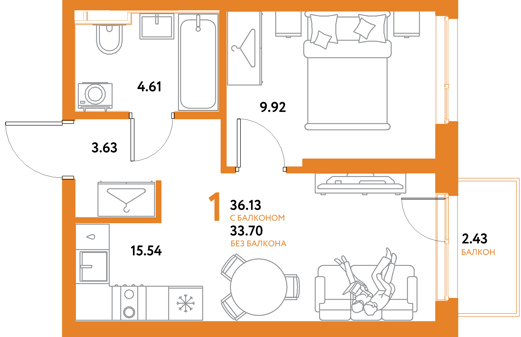 ЖК "Уральский сад"-1-комнатная 36.13 м²