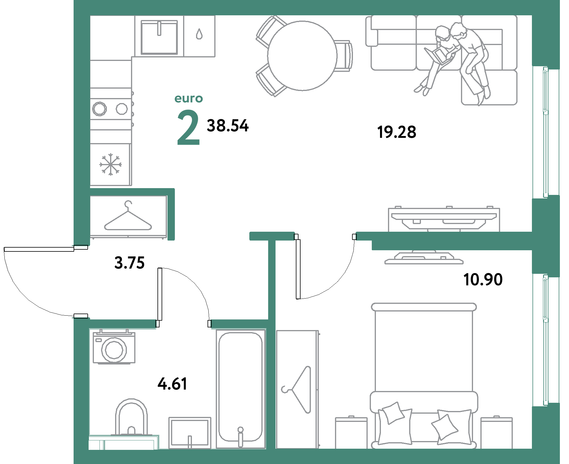ЖК "Уральский сад"-2-комнатная 38.54 м²
