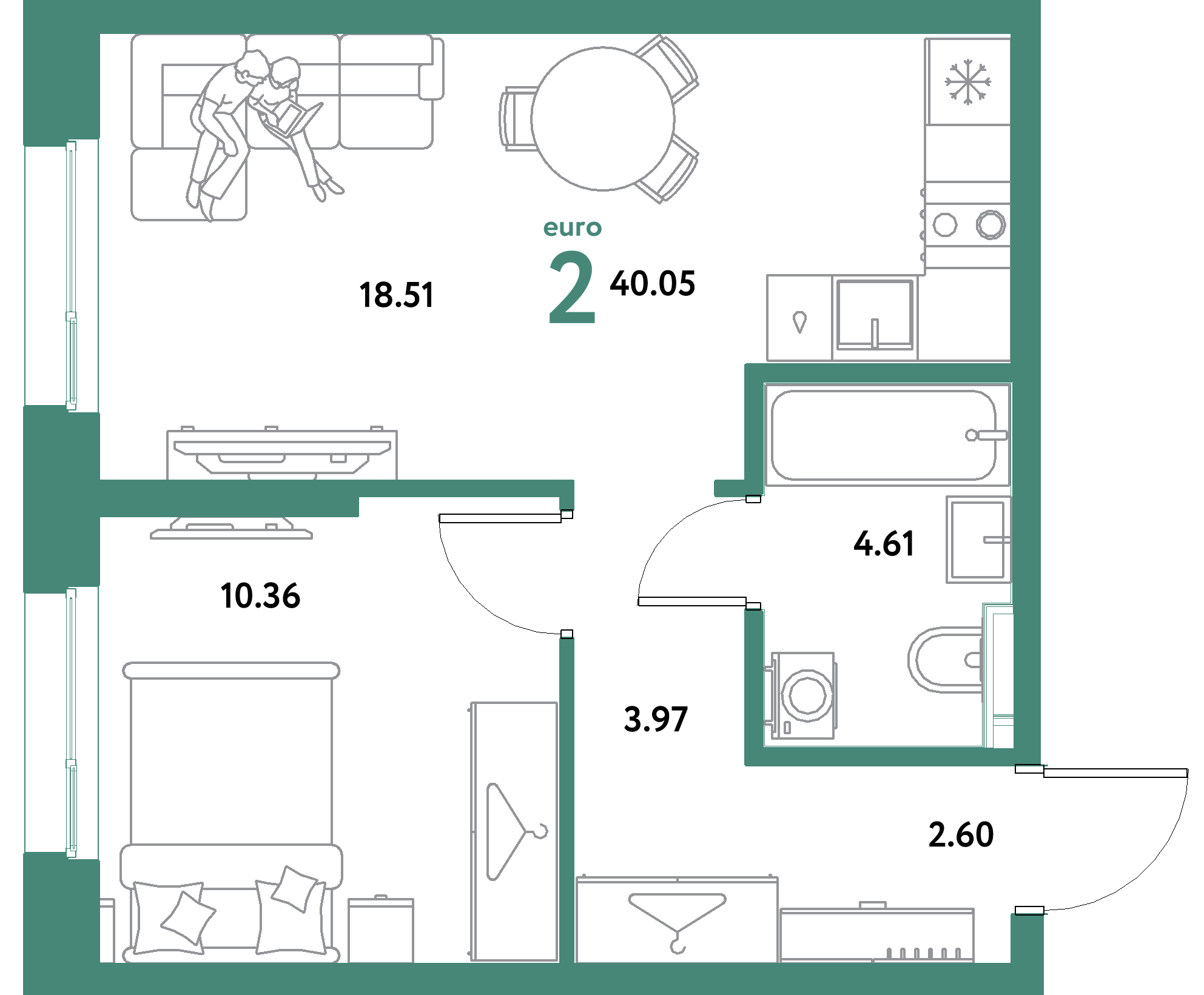 ЖК "Уральский сад"-2-комнатная 40.05 м²
