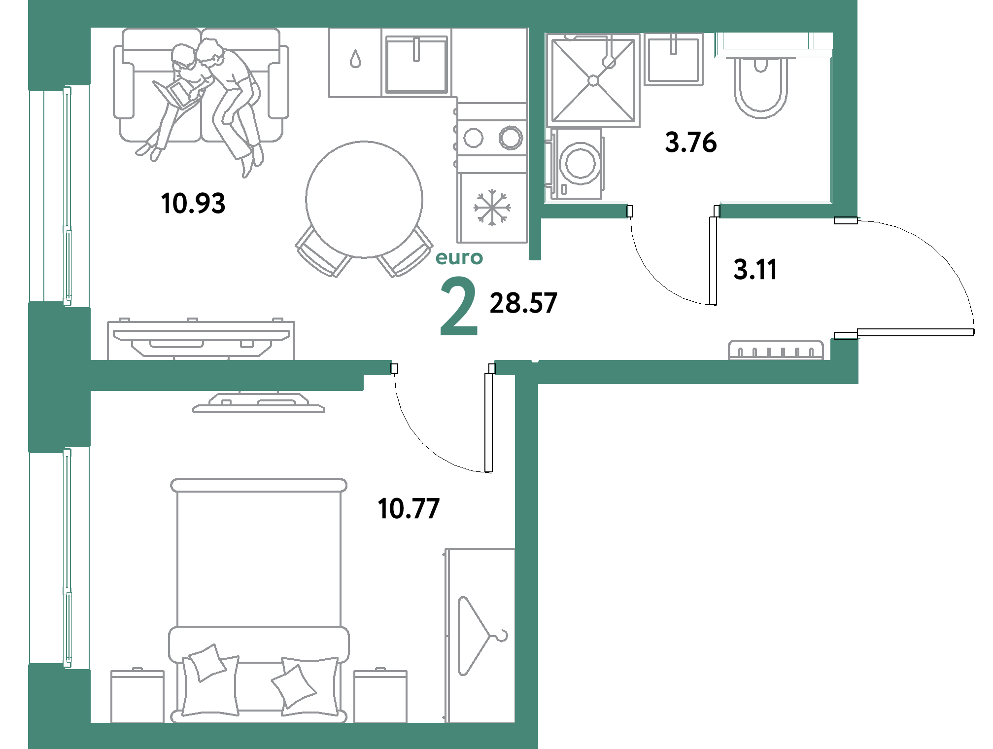 ЖК "Уральский сад"-2-комнатная 28.57 м²