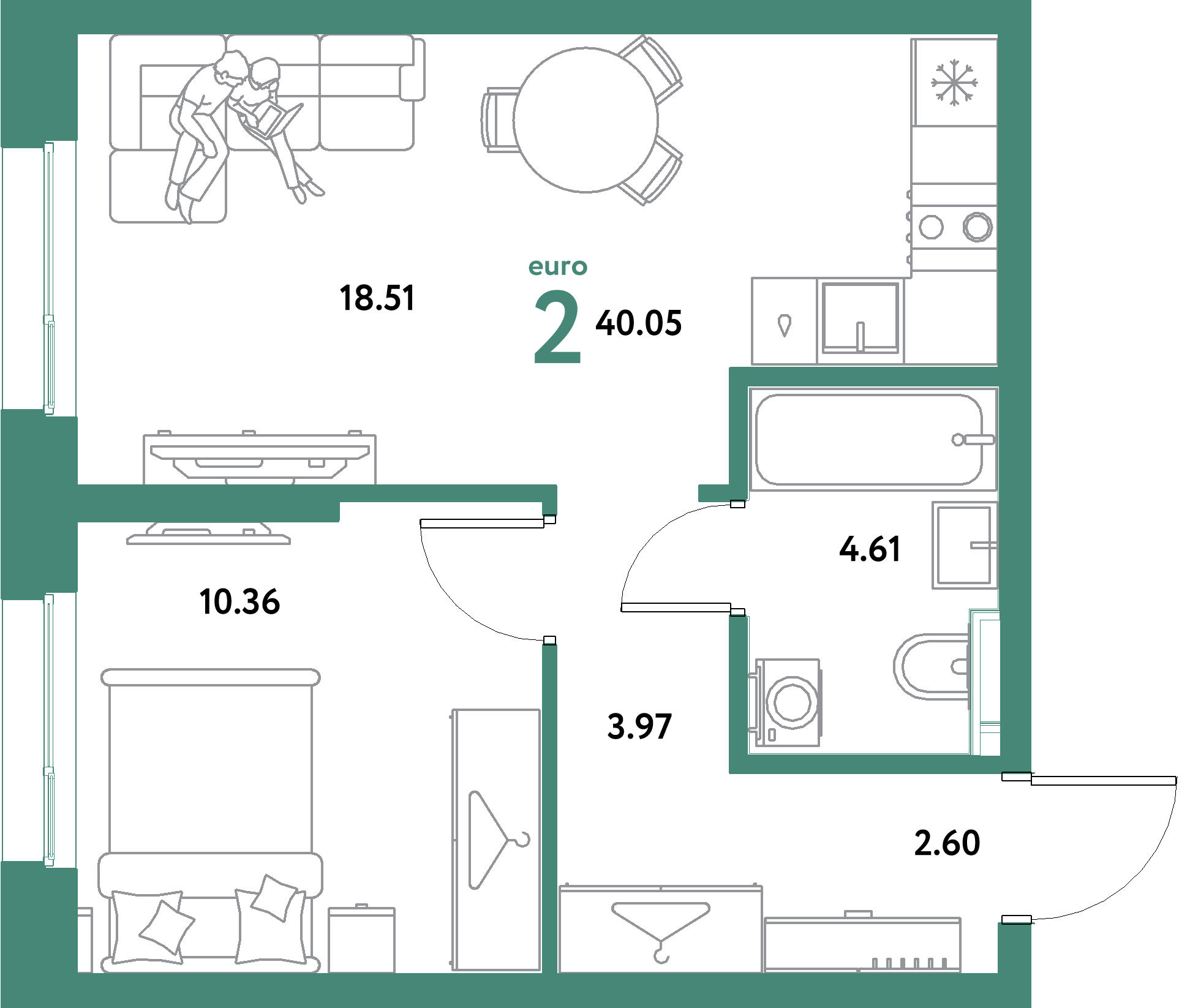ЖК "Уральский сад"-2-комнатная 40.05 м²