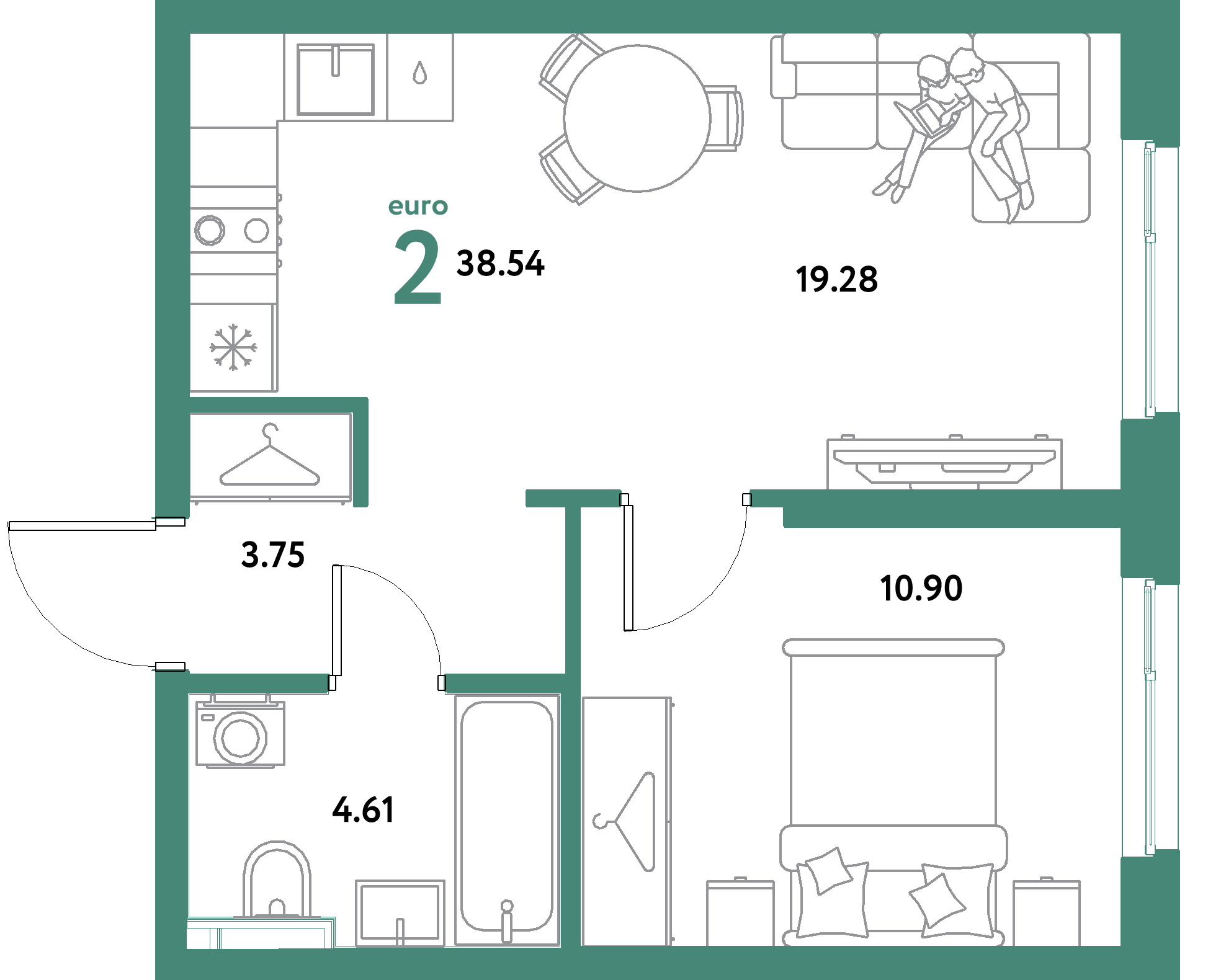 ЖК "Уральский сад"-2-комнатная 38.54 м²