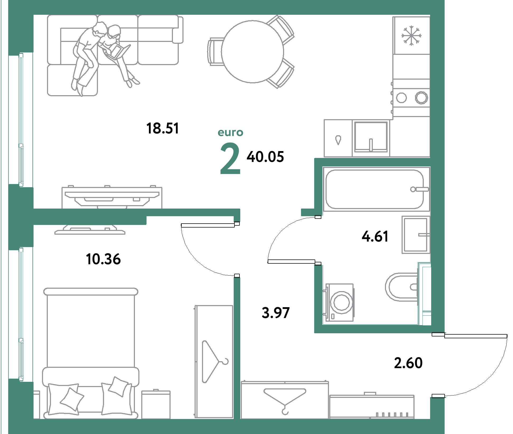 ЖК "Уральский сад"-2-комнатная 40.05 м²