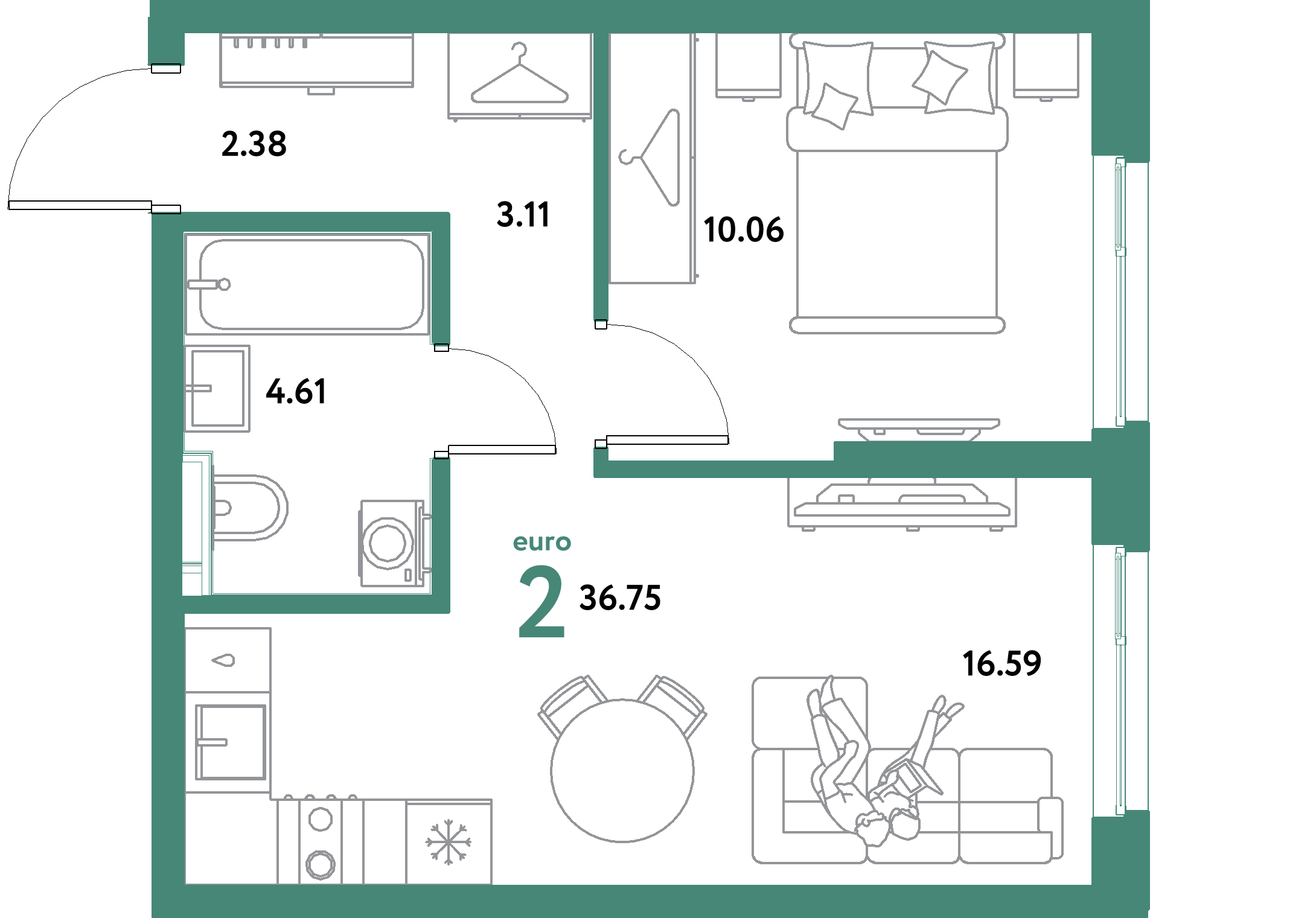 ЖК "Уральский сад"-2-комнатная 36.75 м²