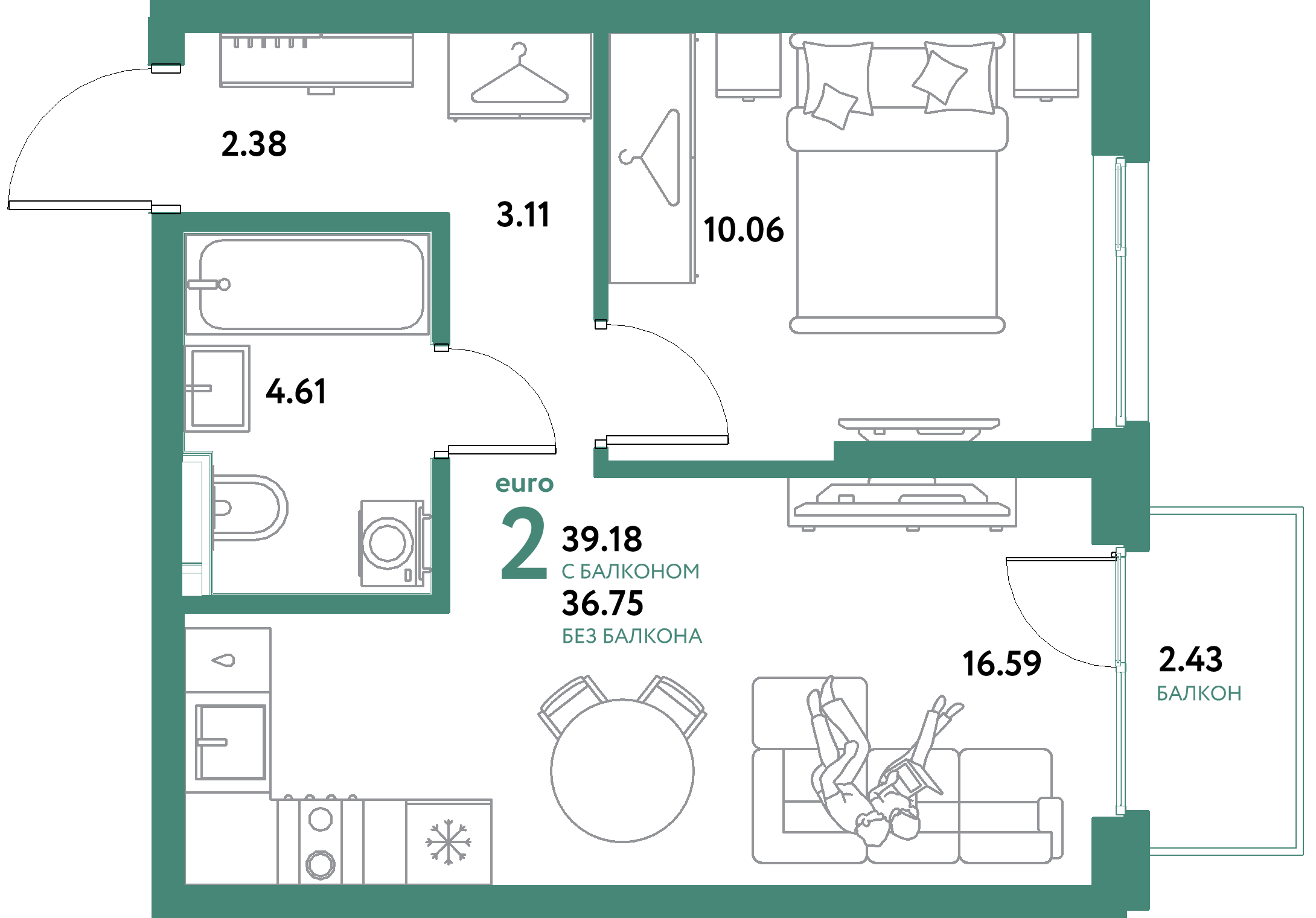 ЖК "Уральский сад"-2-комнатная 39.18 м²