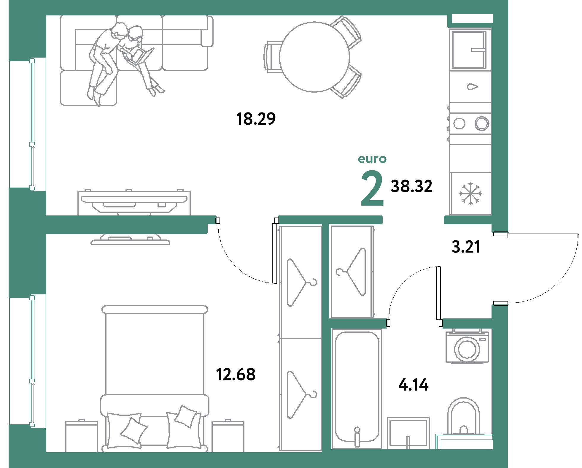 ЖК "Уральский сад"-2-комнатная 38.32 м²