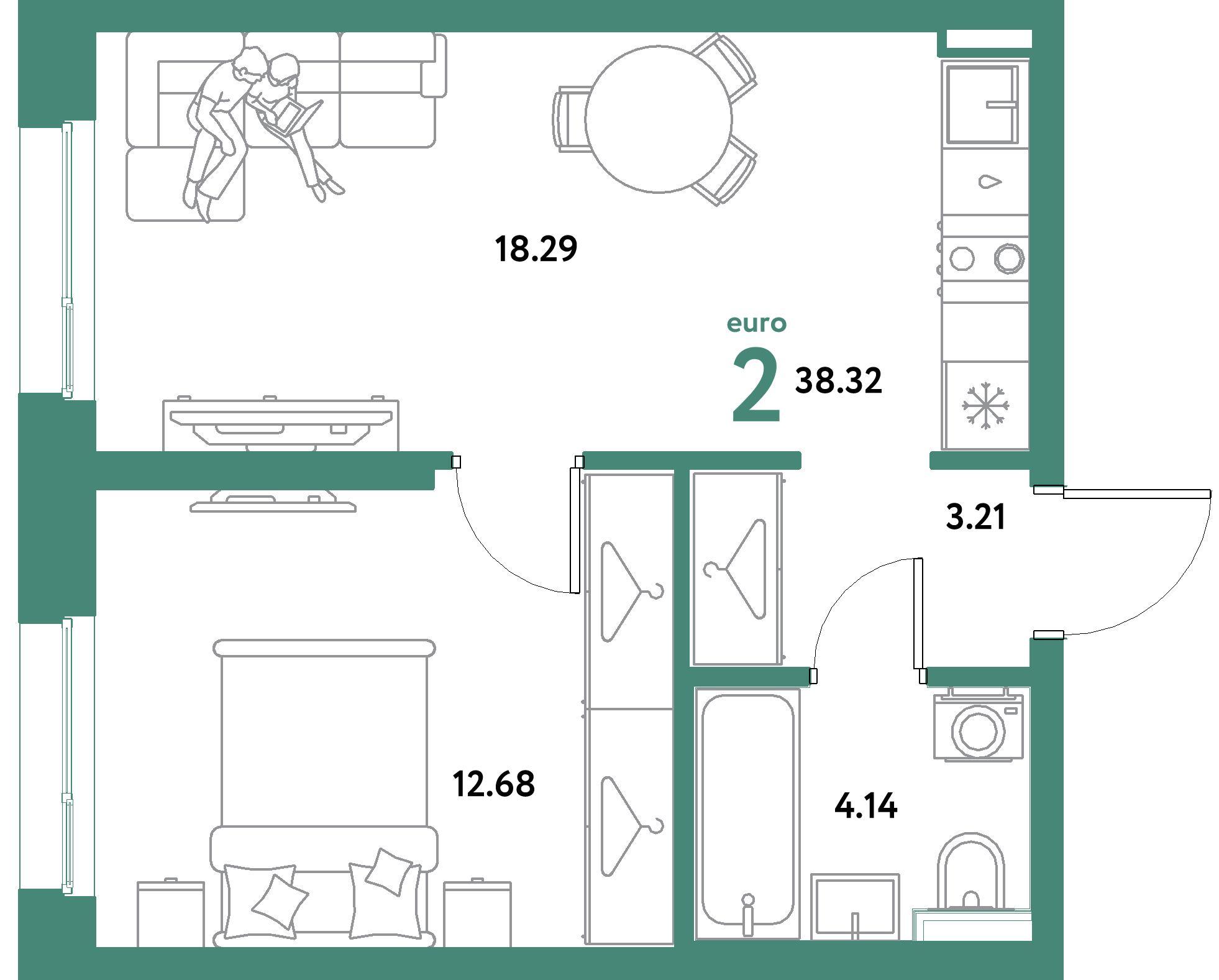 ЖК "Уральский сад"-2-комнатная 38.32 м²