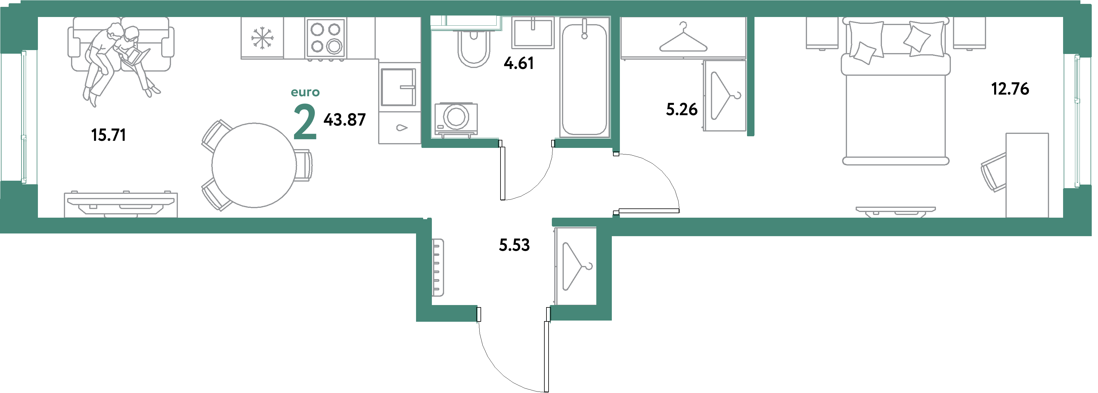 ЖК "Уральский сад"-2-комнатная 43.87 м²