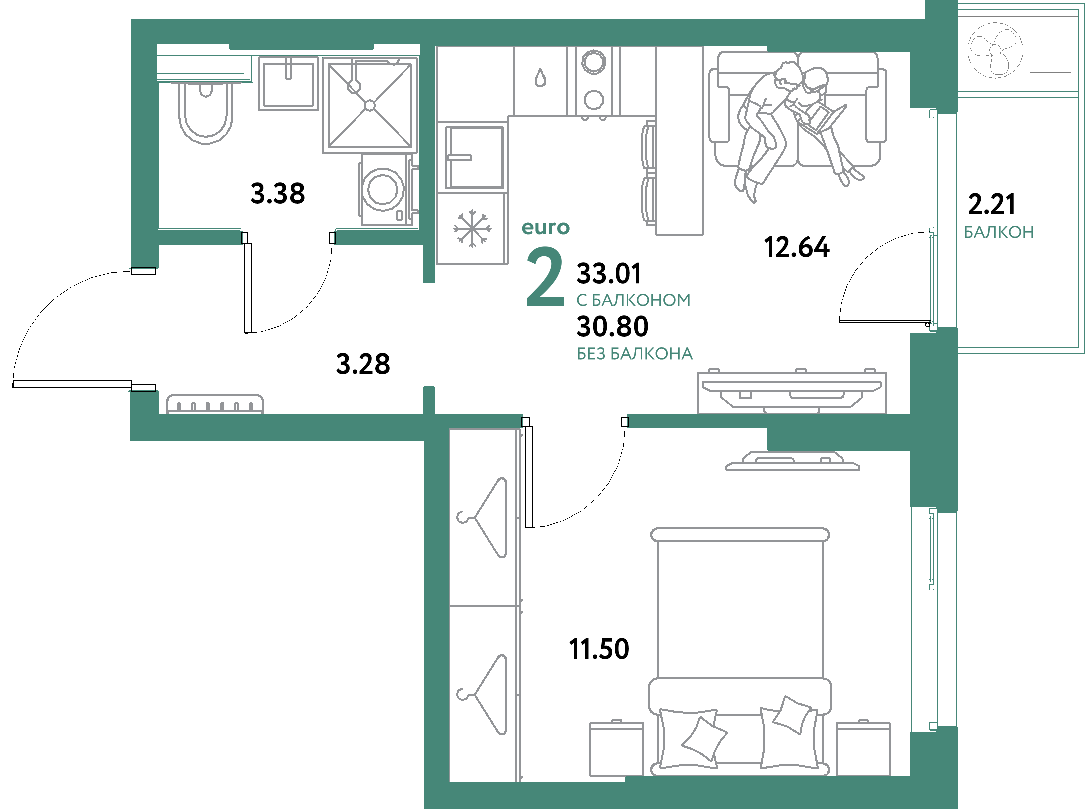 ЖК "Уральский сад"-2-комнатная 33.01 м²