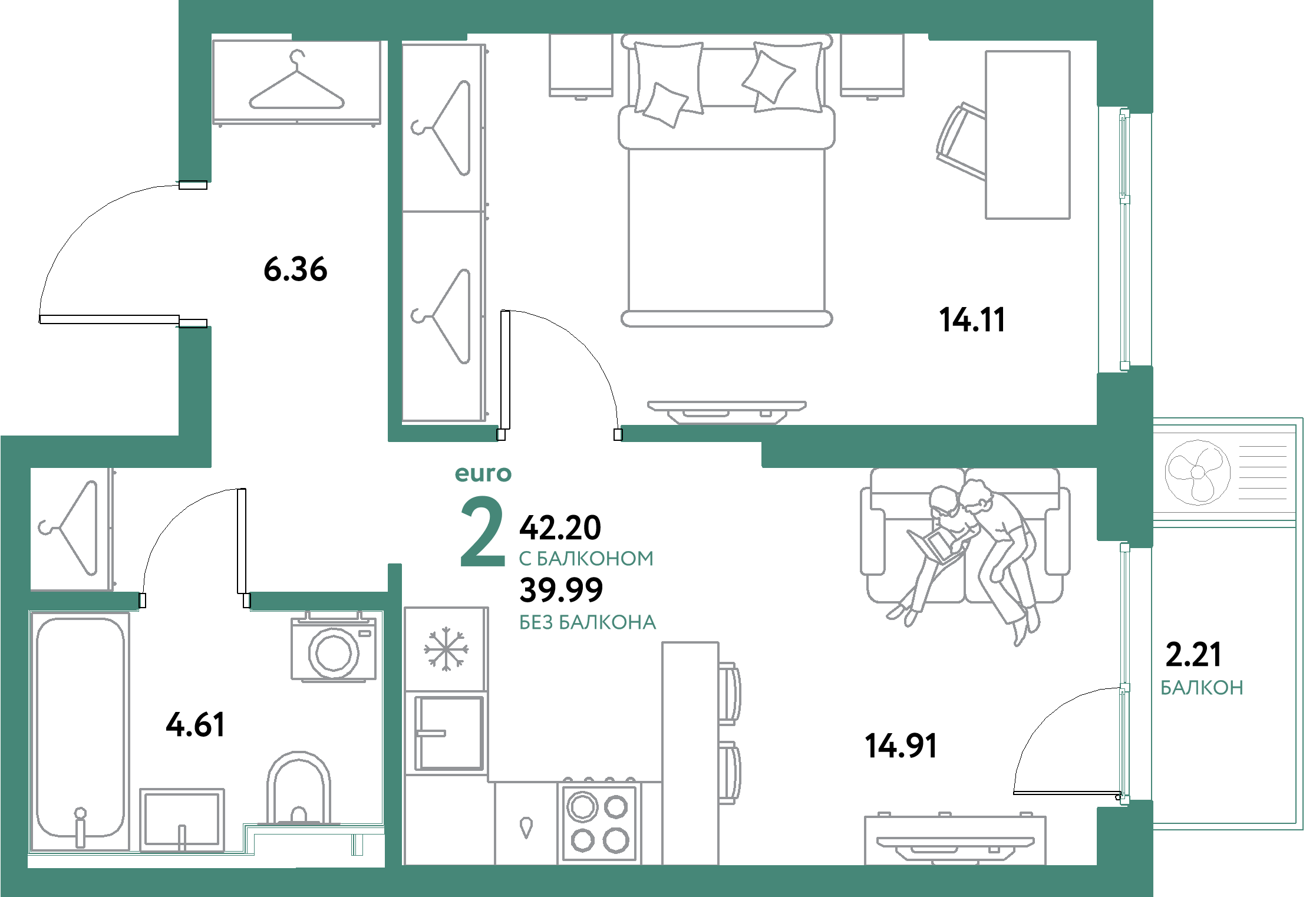ЖК "Уральский сад"-2-комнатная 42.2 м²