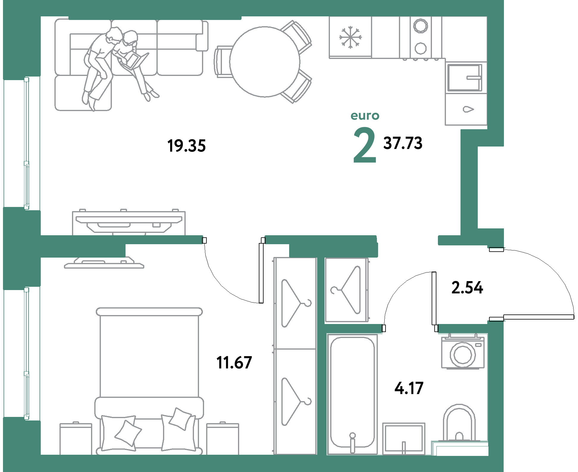 ЖК "Уральский сад"-2-комнатная 37.73 м²
