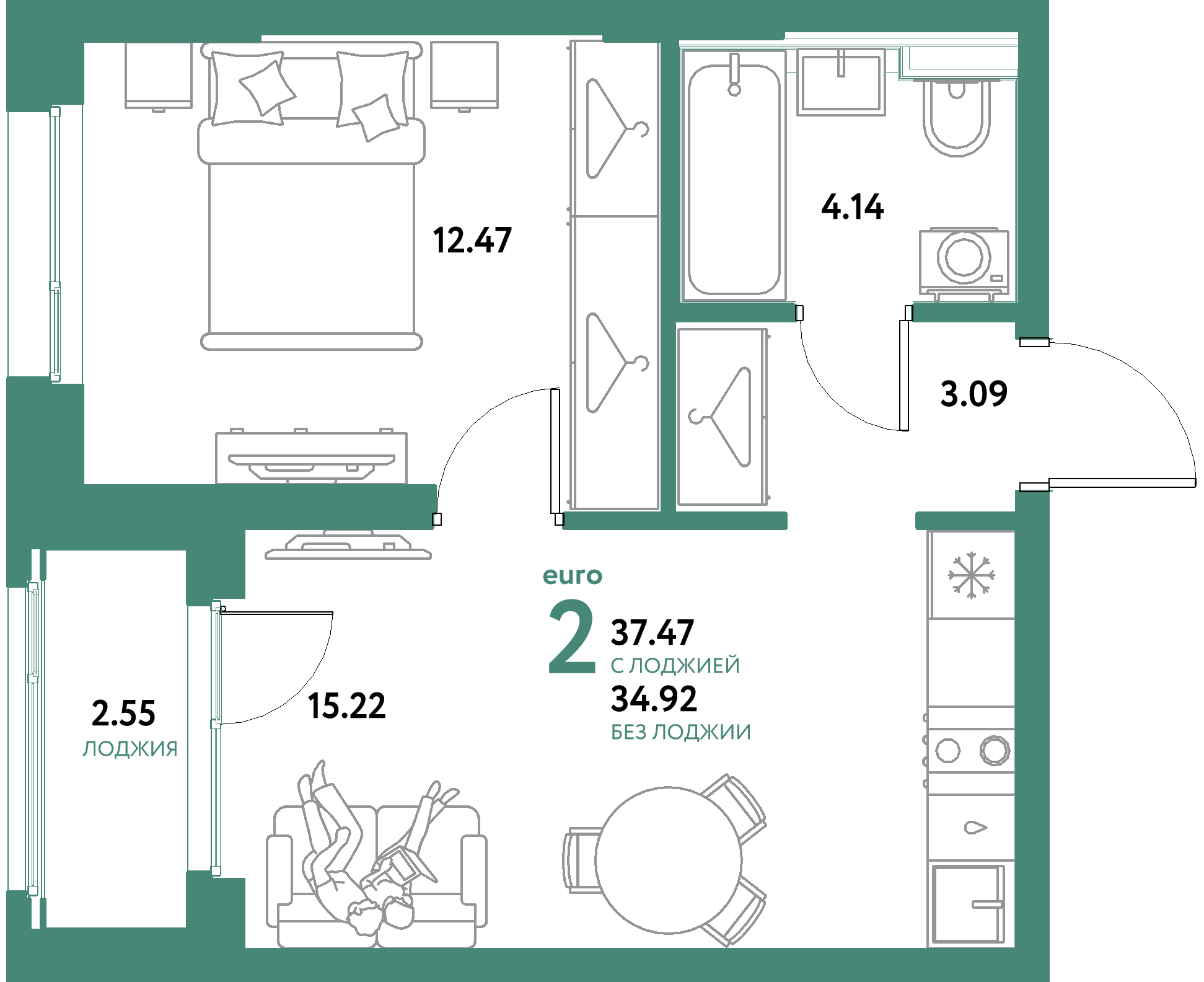 ЖК "Уральский сад"-2-комнатная 37.47 м²