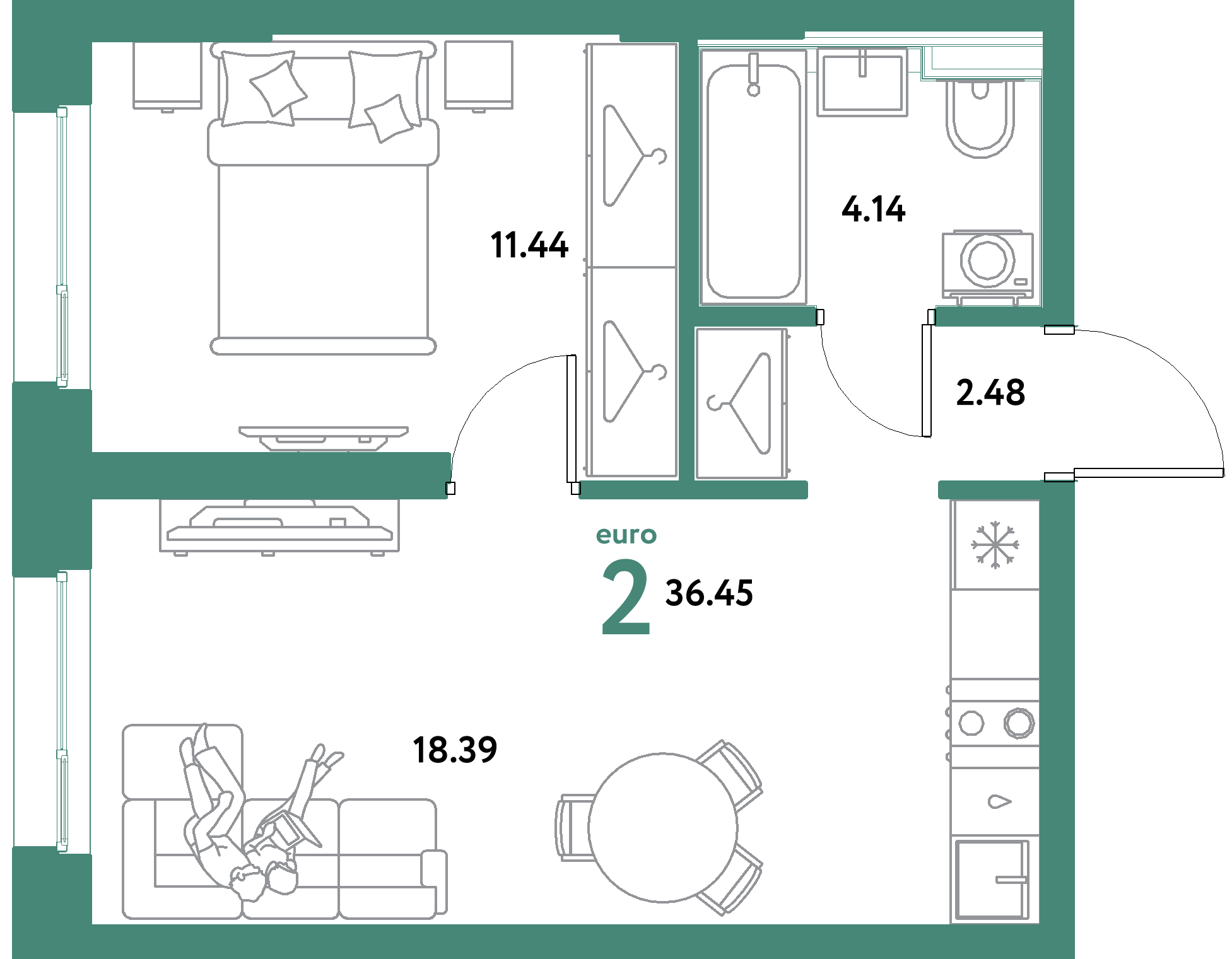 ЖК "Уральский сад"-2-комнатная 36.45 м²