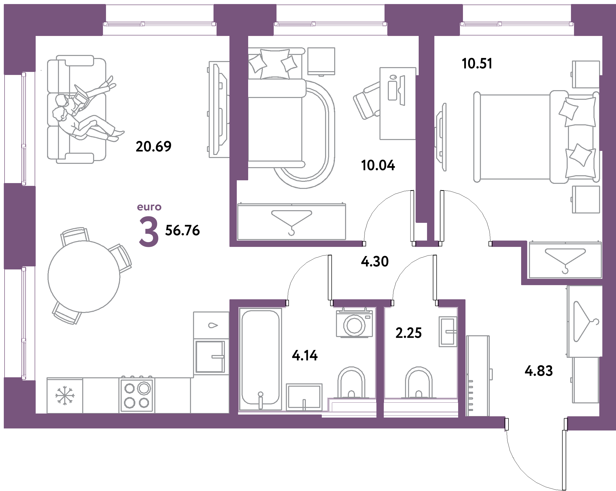 ЖК "Уральский сад"-3-комнатная 56.76 м²