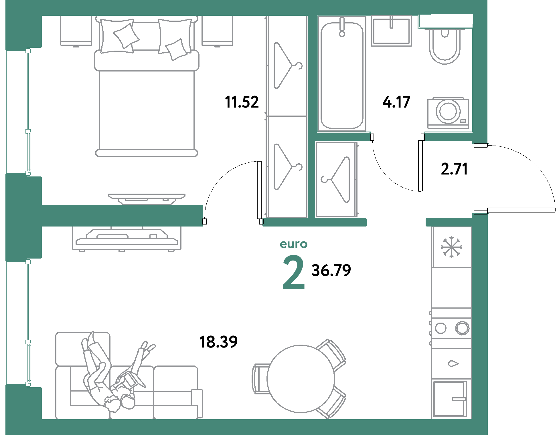 ЖК "Уральский сад"-2-комнатная 36.79 м²