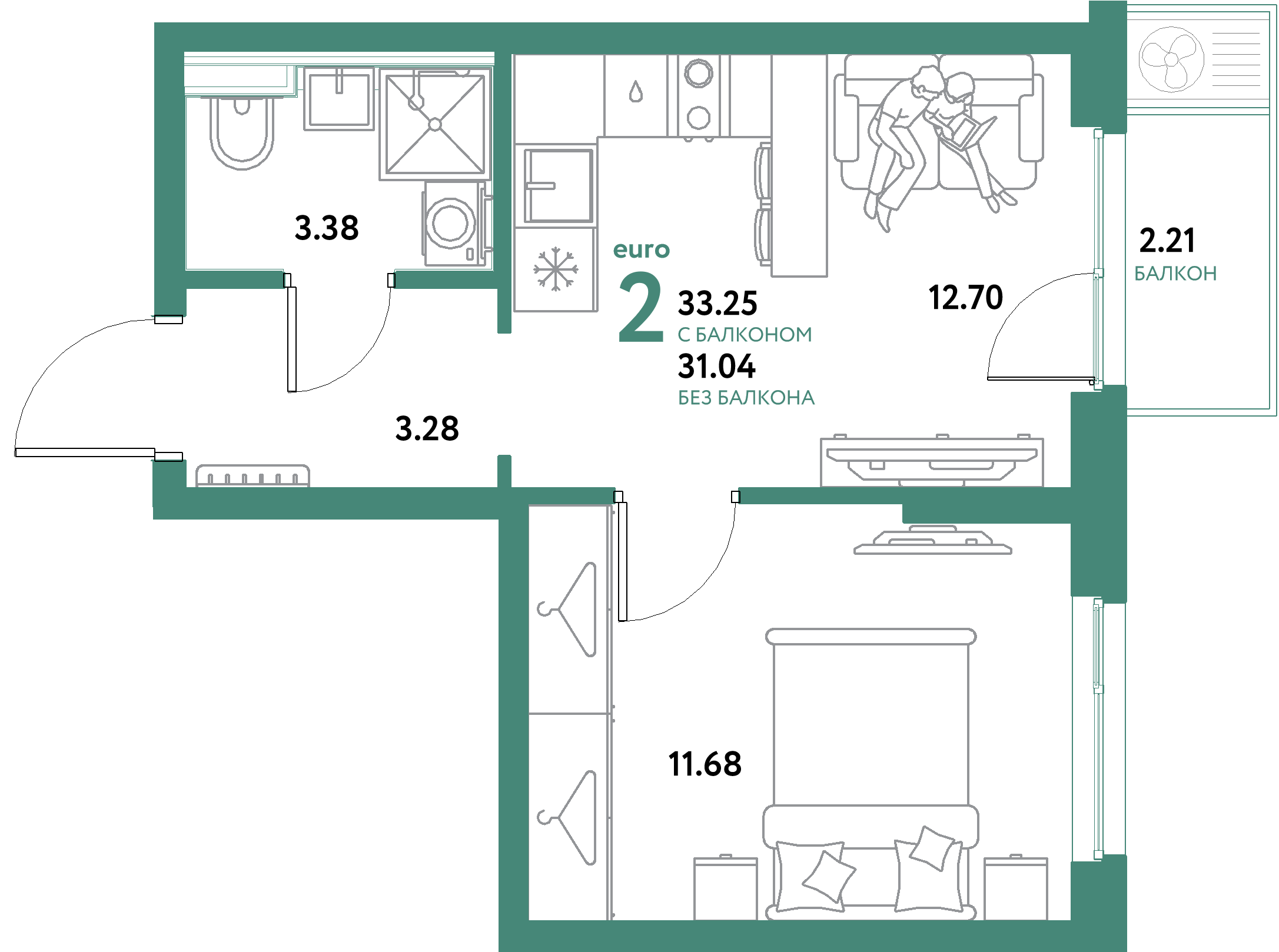 ЖК "Уральский сад"-2-комнатная 33.25 м²