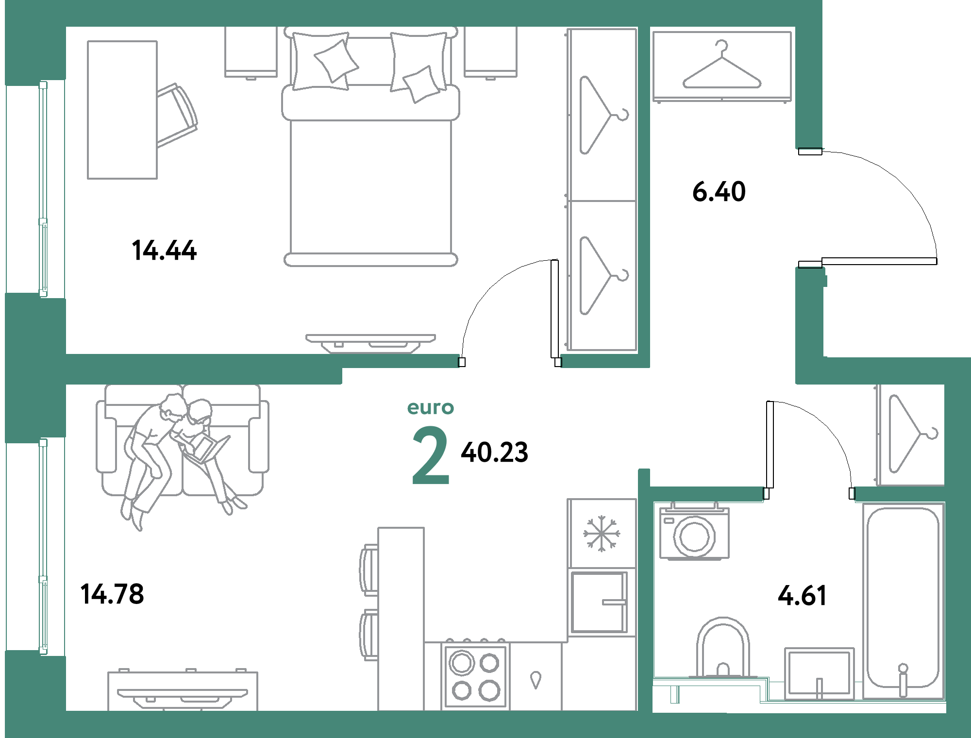 ЖК "Уральский сад"-2-комнатная 40.23 м²
