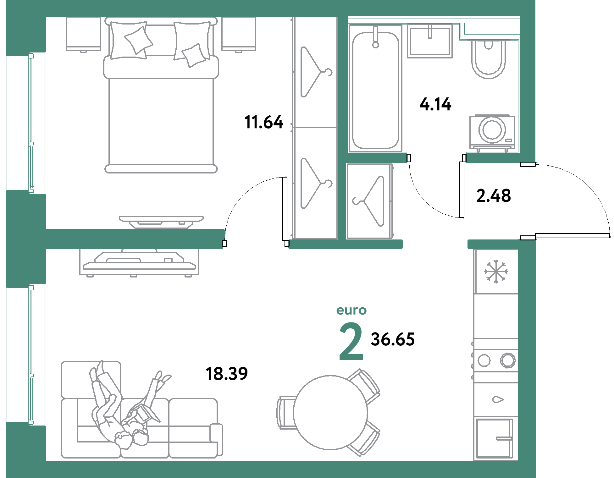 ЖК "Уральский сад"-2-комнатная 36.65 м²