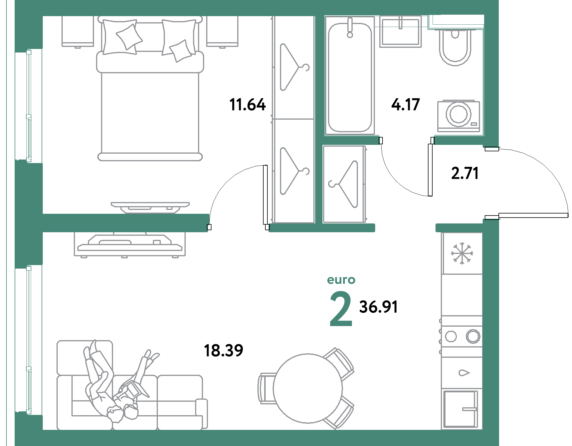 ЖК "Уральский сад"-2-комнатная 36.91 м²