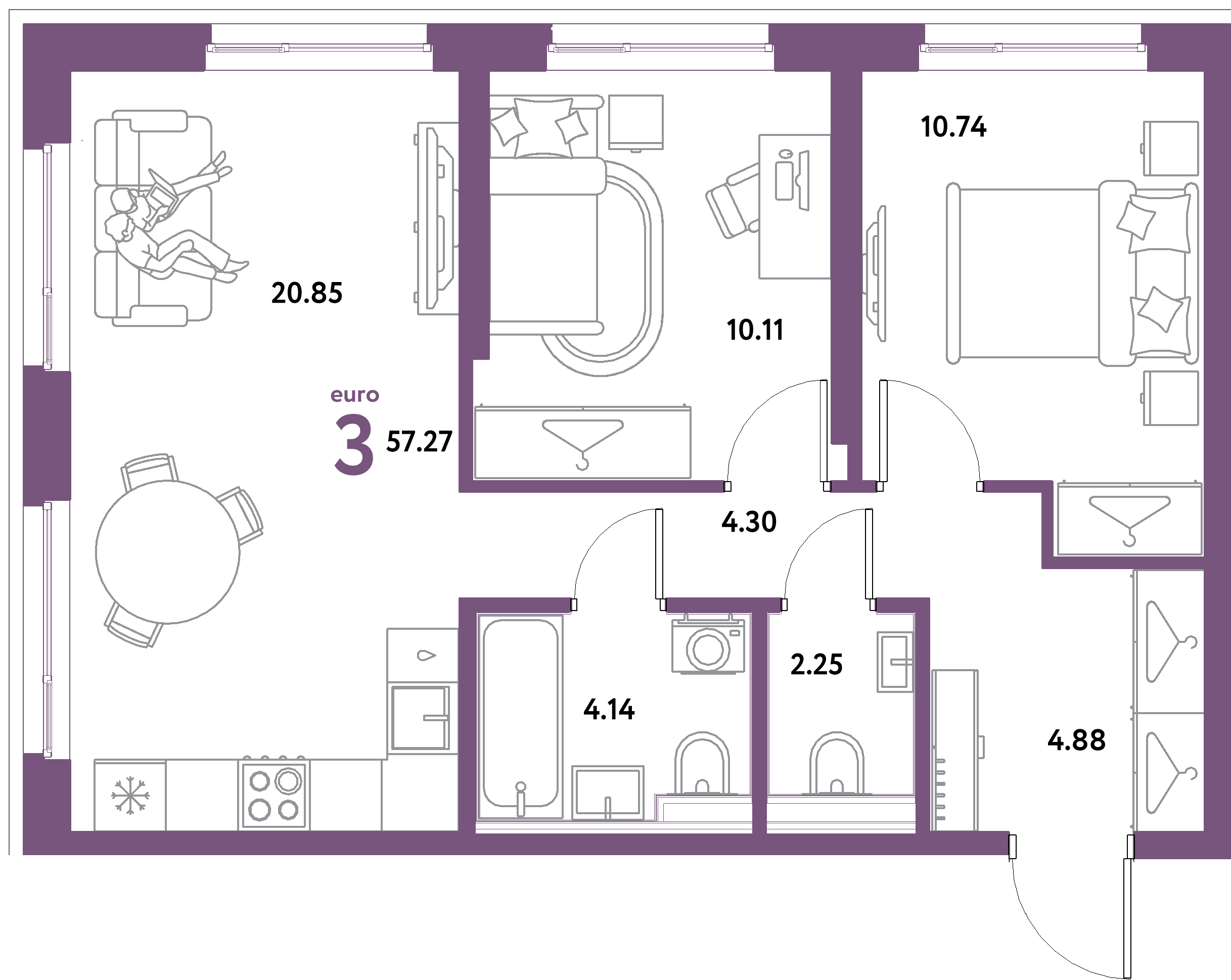 ЖК "Уральский сад"-3-комнатная 57.27 м²