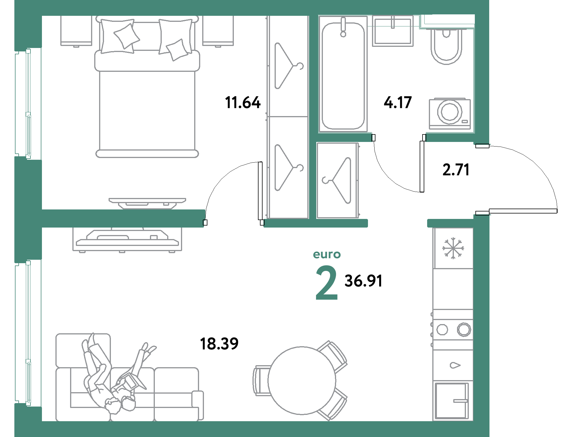 ЖК "Уральский сад"-2-комнатная 36.91 м²