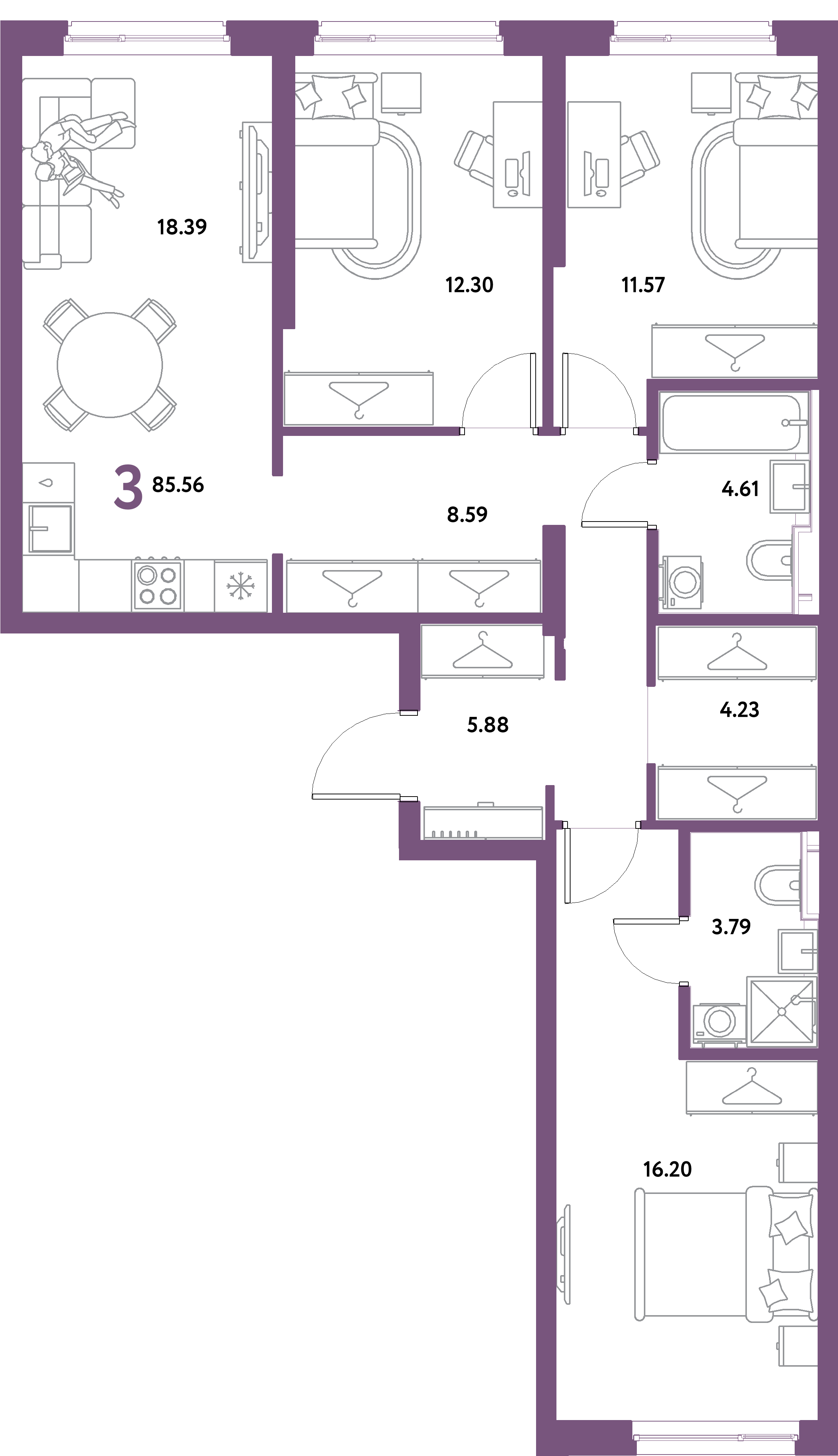 ЖК "Уральский сад"-3-комнатная 85.56 м²