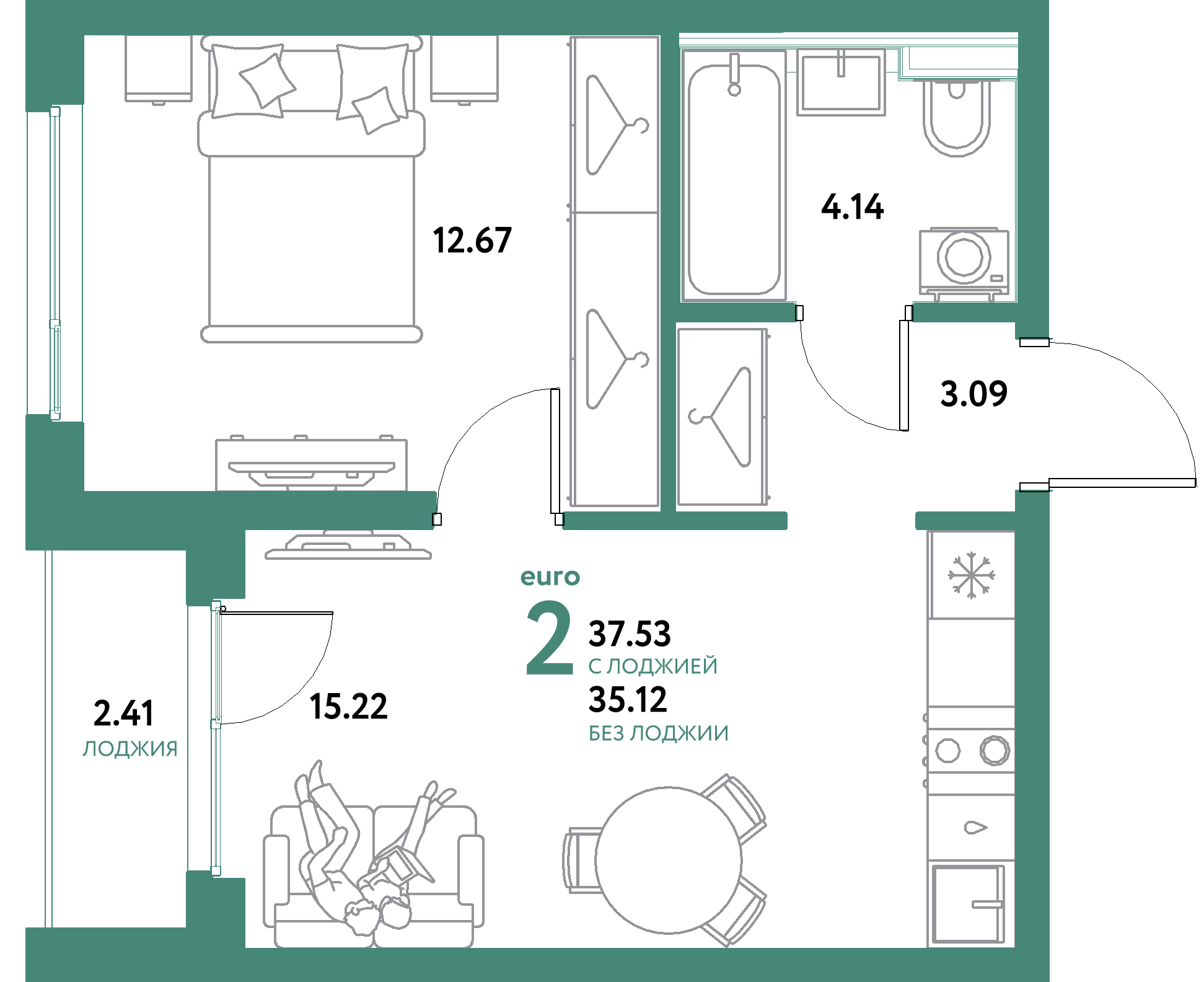 ЖК "Уральский сад"-2-комнатная 37.53 м²