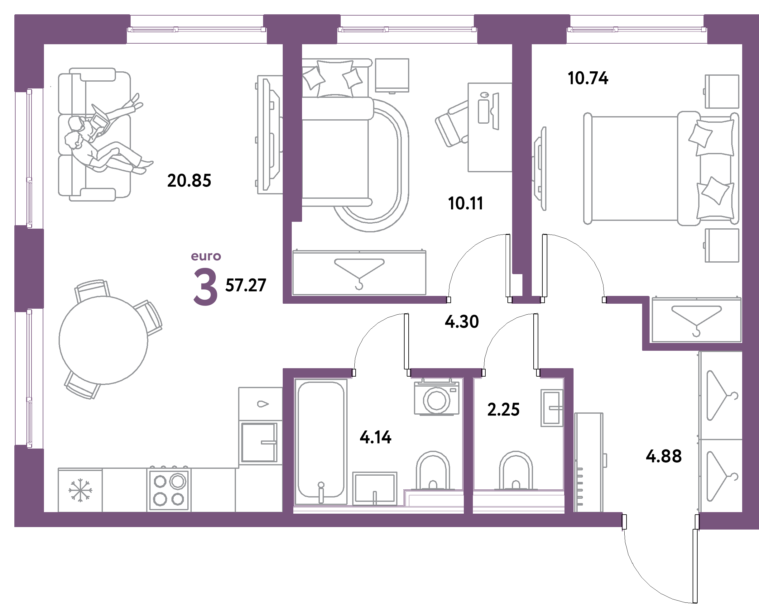 ЖК "Уральский сад"-3-комнатная 57.27 м²