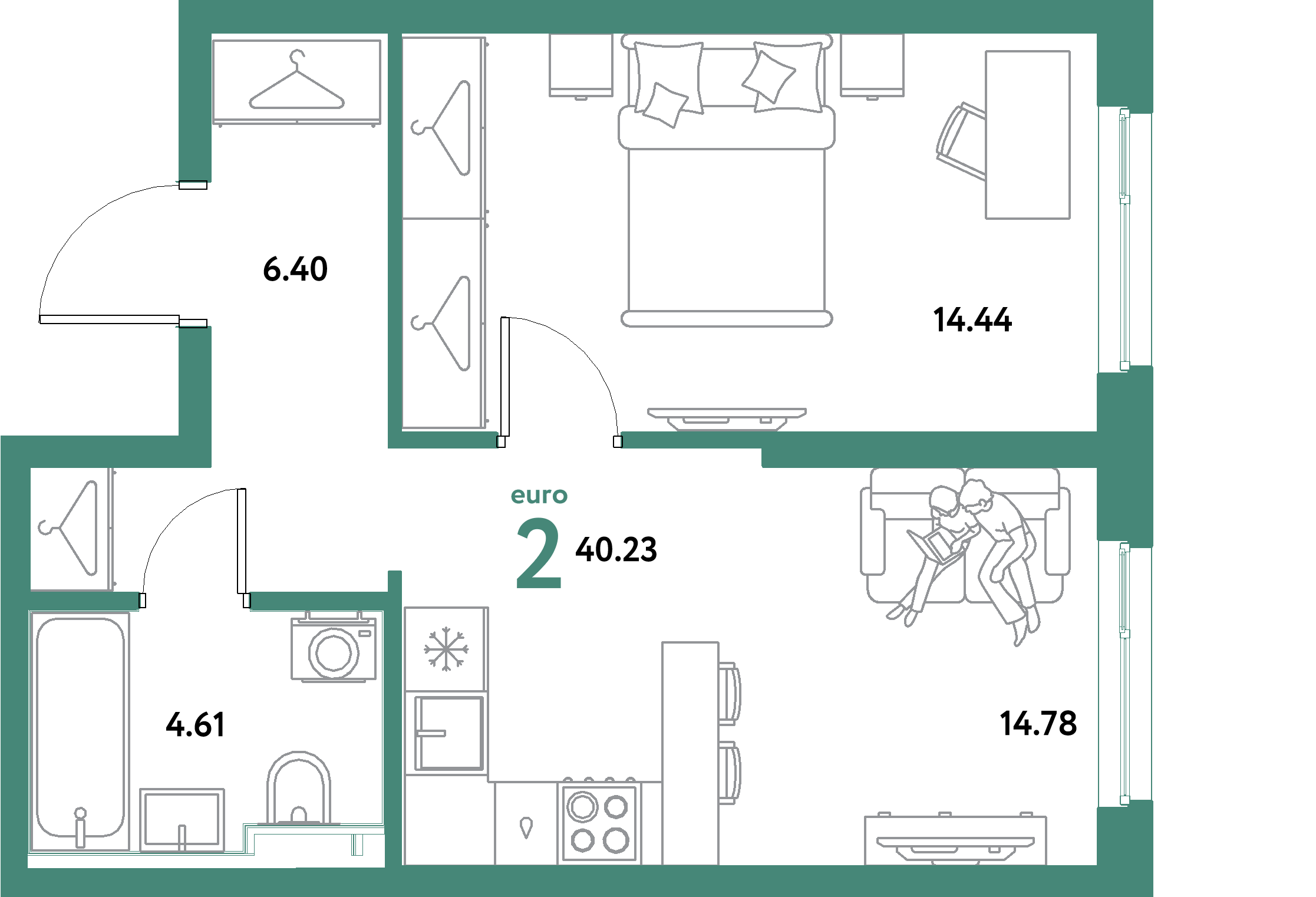 ЖК "Уральский сад"-2-комнатная 40.23 м²