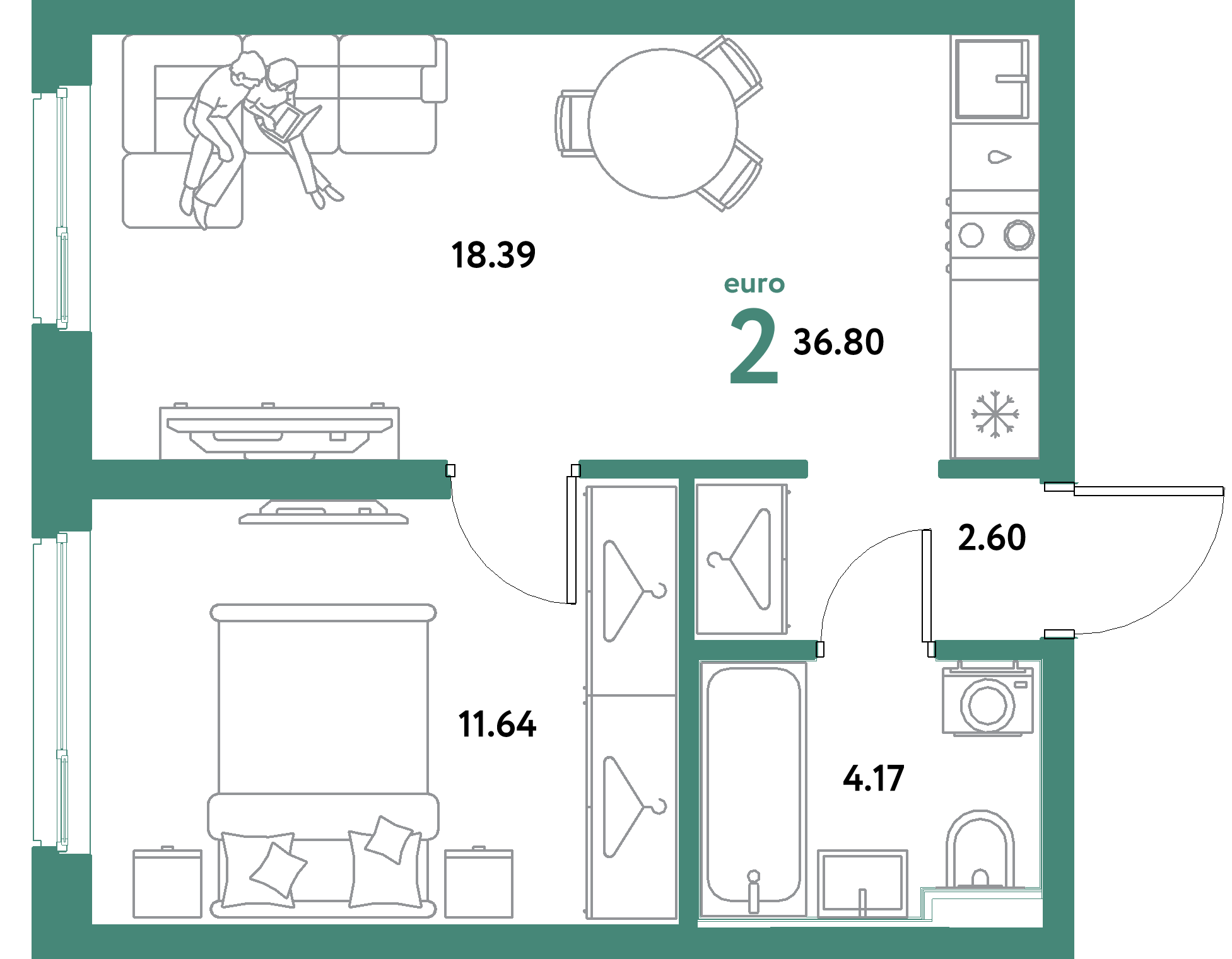 ЖК "Уральский сад"-2-комнатная 36.8 м²
