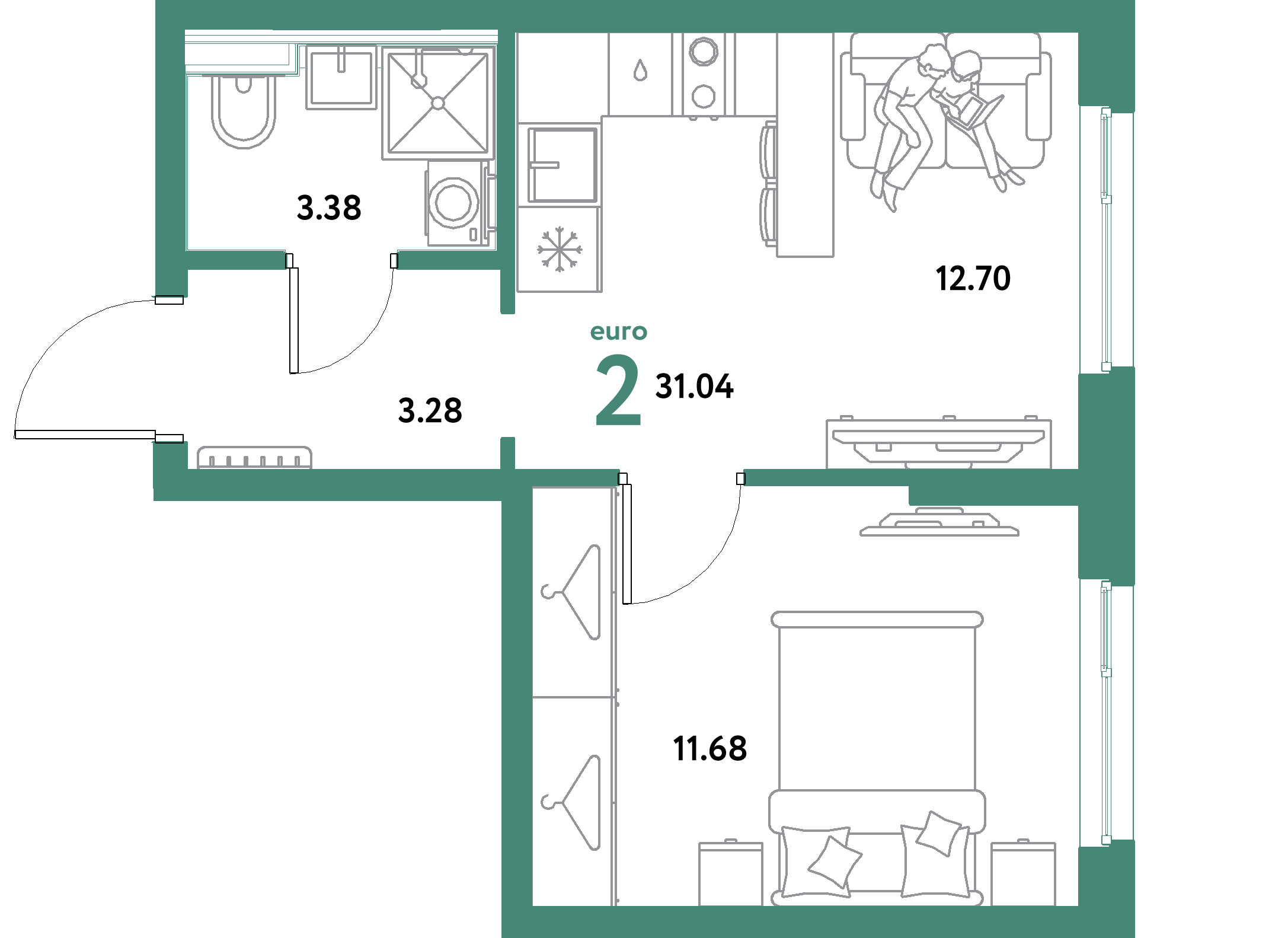 ЖК "Уральский сад"-2-комнатная 31.04 м²