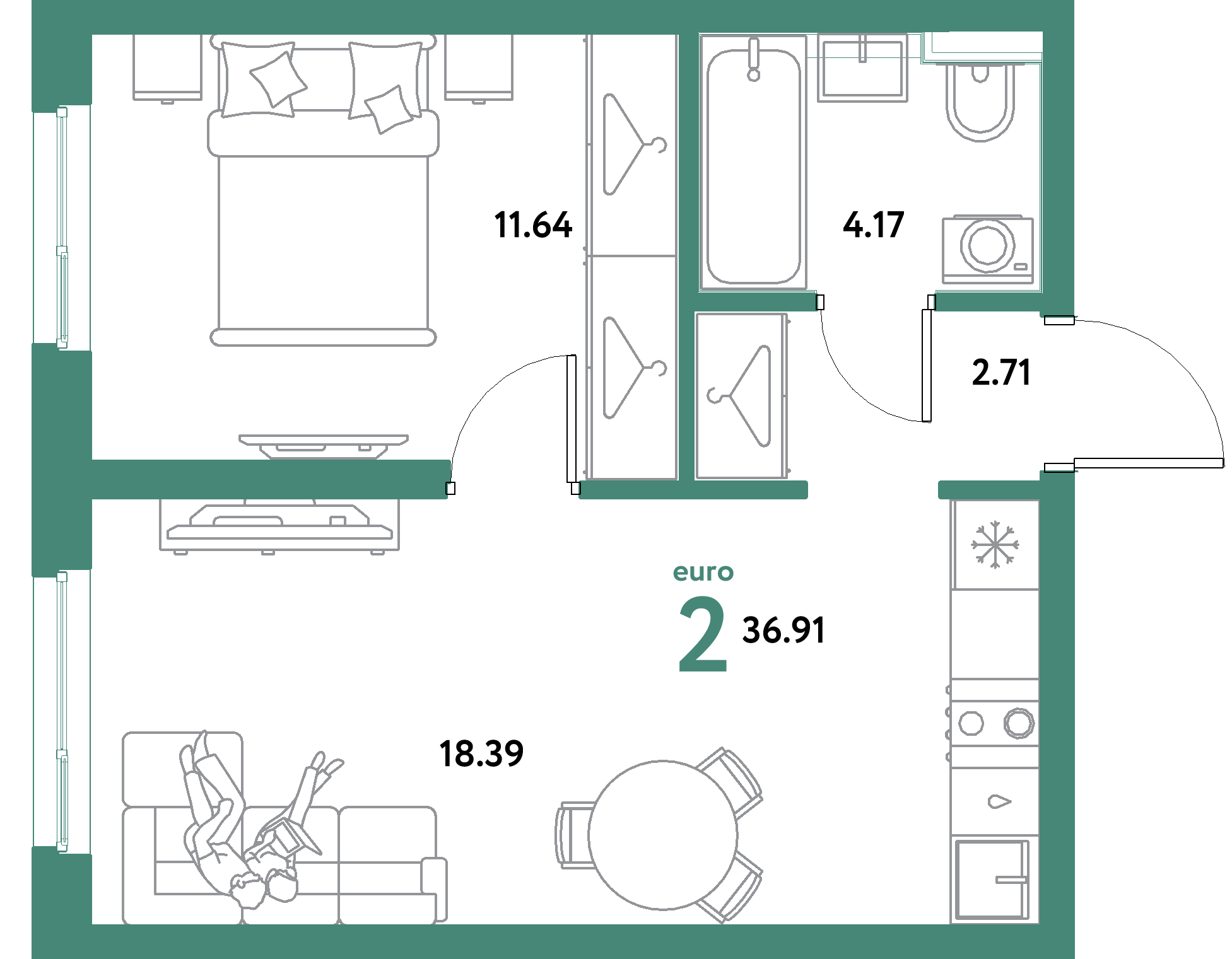 ЖК "Уральский сад"-2-комнатная 36.91 м²
