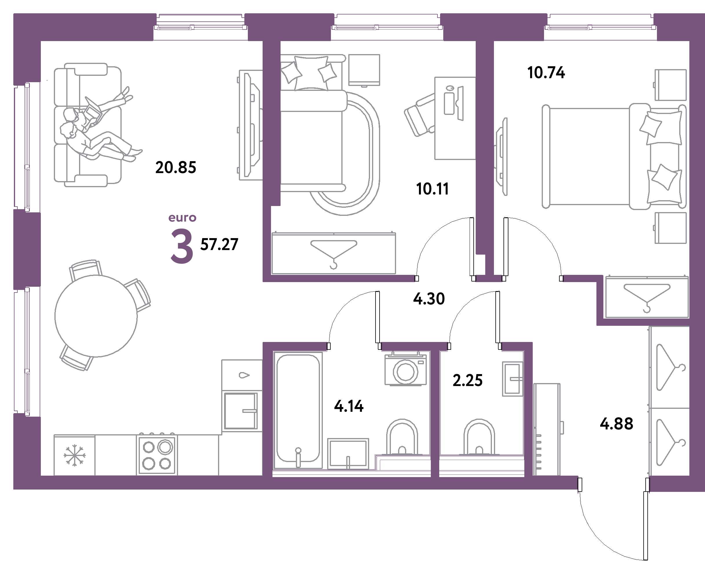 ЖК "Уральский сад"-3-комнатная 57.27 м²