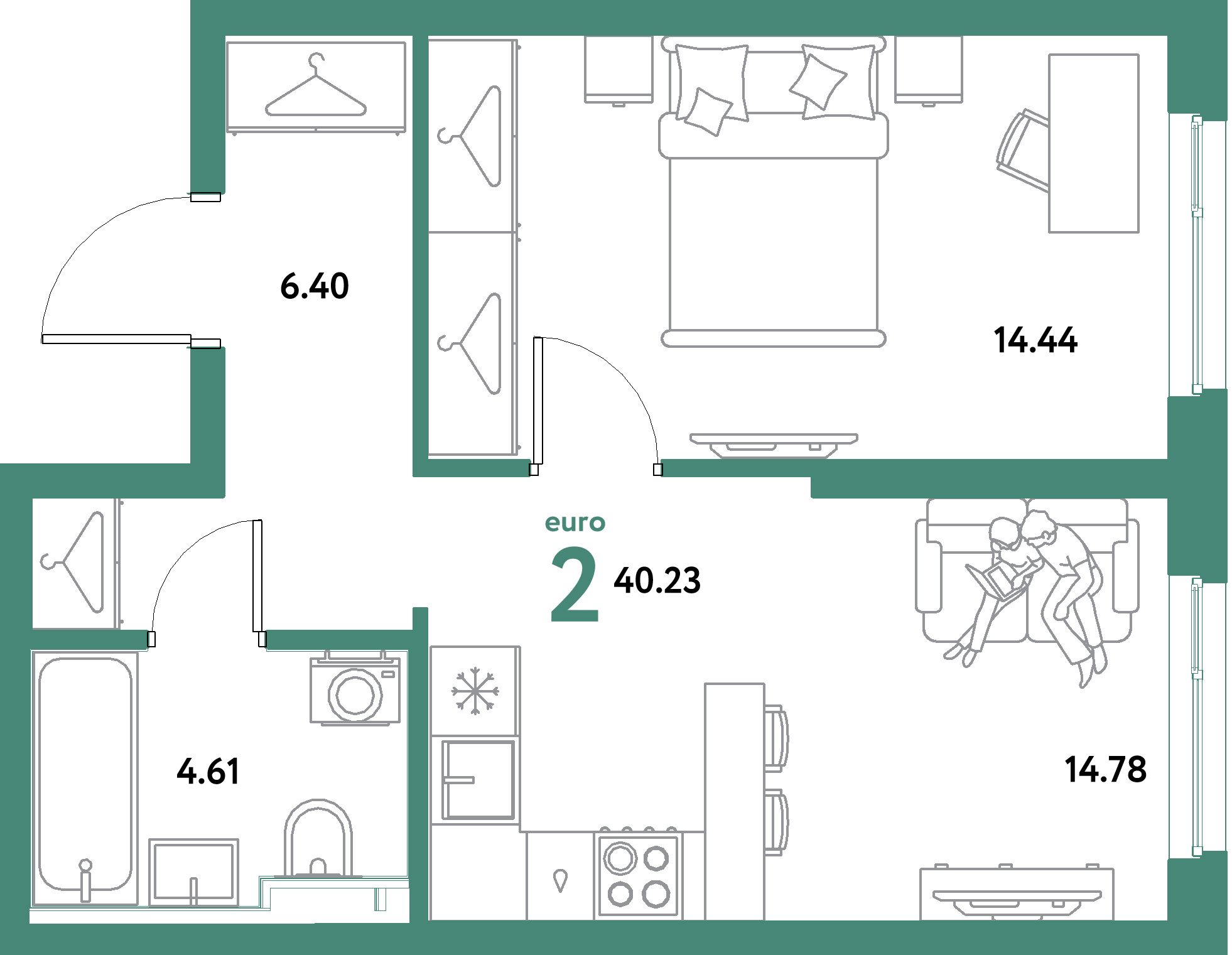 ЖК "Уральский сад"-2-комнатная 40.23 м²