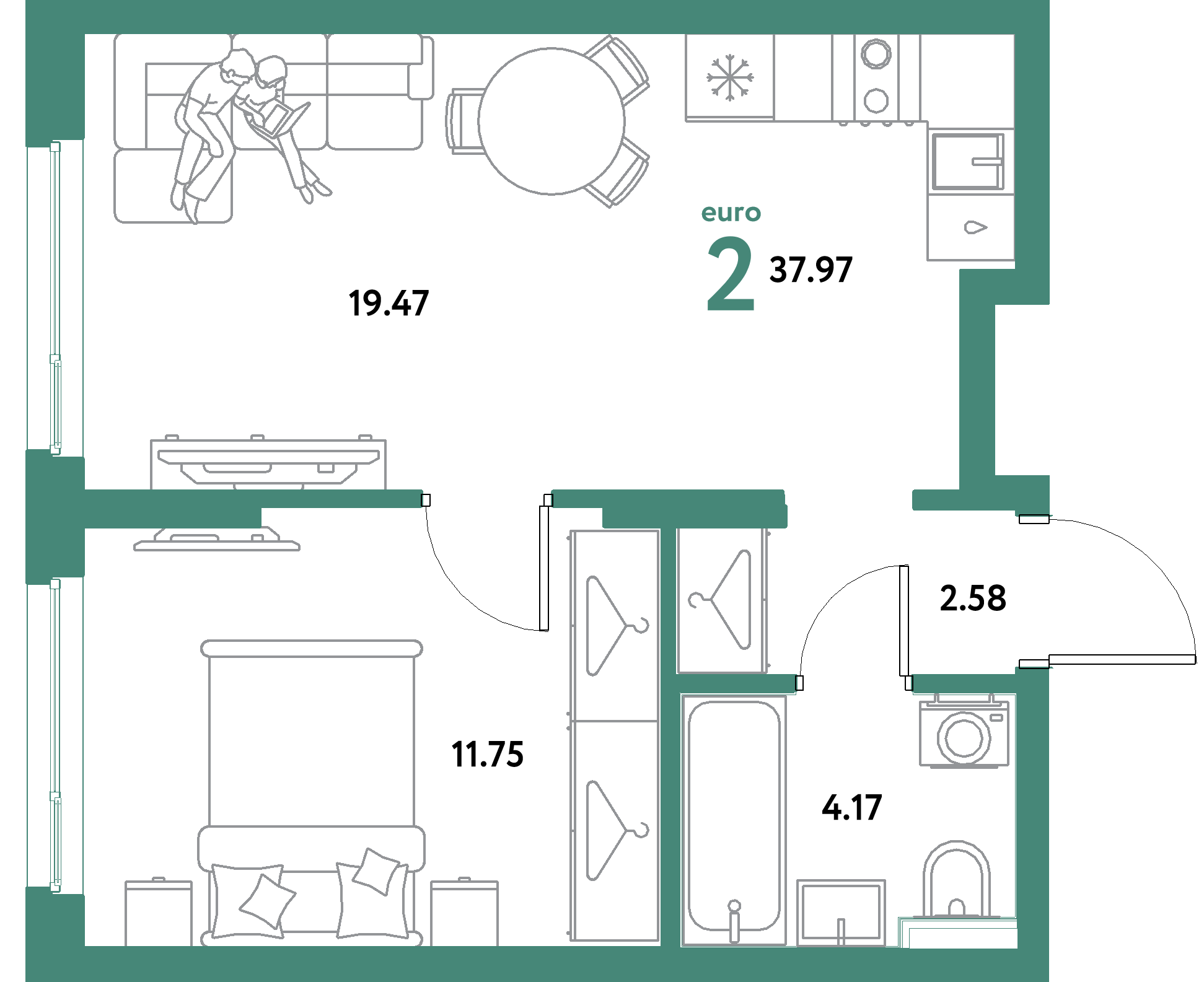 ЖК "Уральский сад"-2-комнатная 37.97 м²