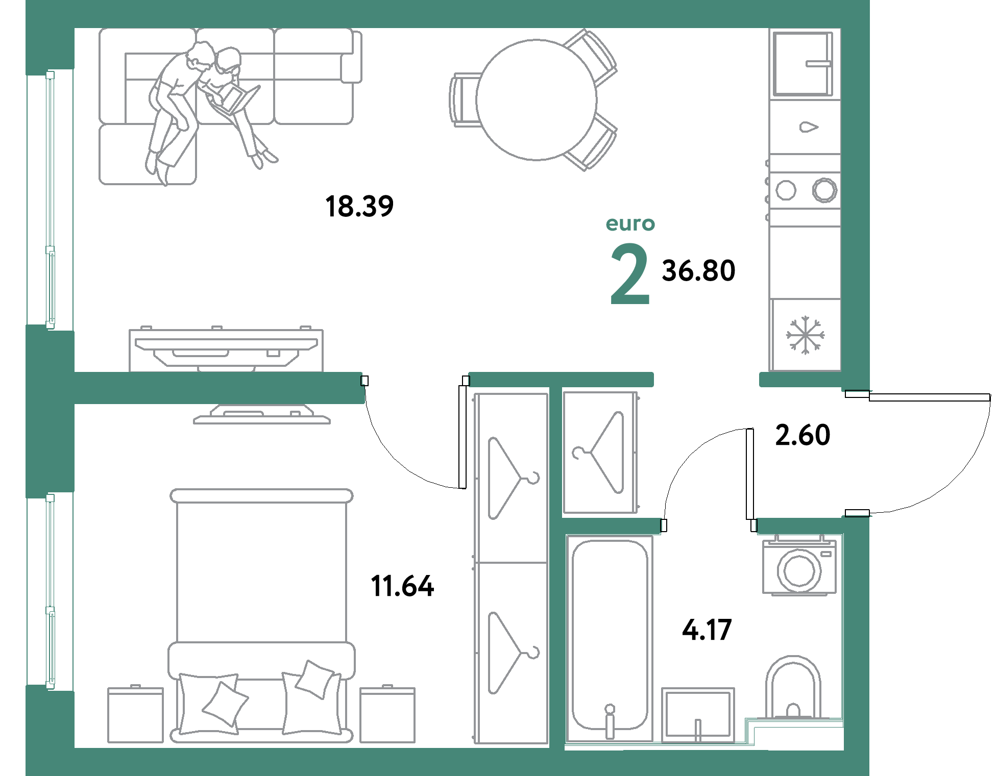 ЖК "Уральский сад"-2-комнатная 36.8 м²