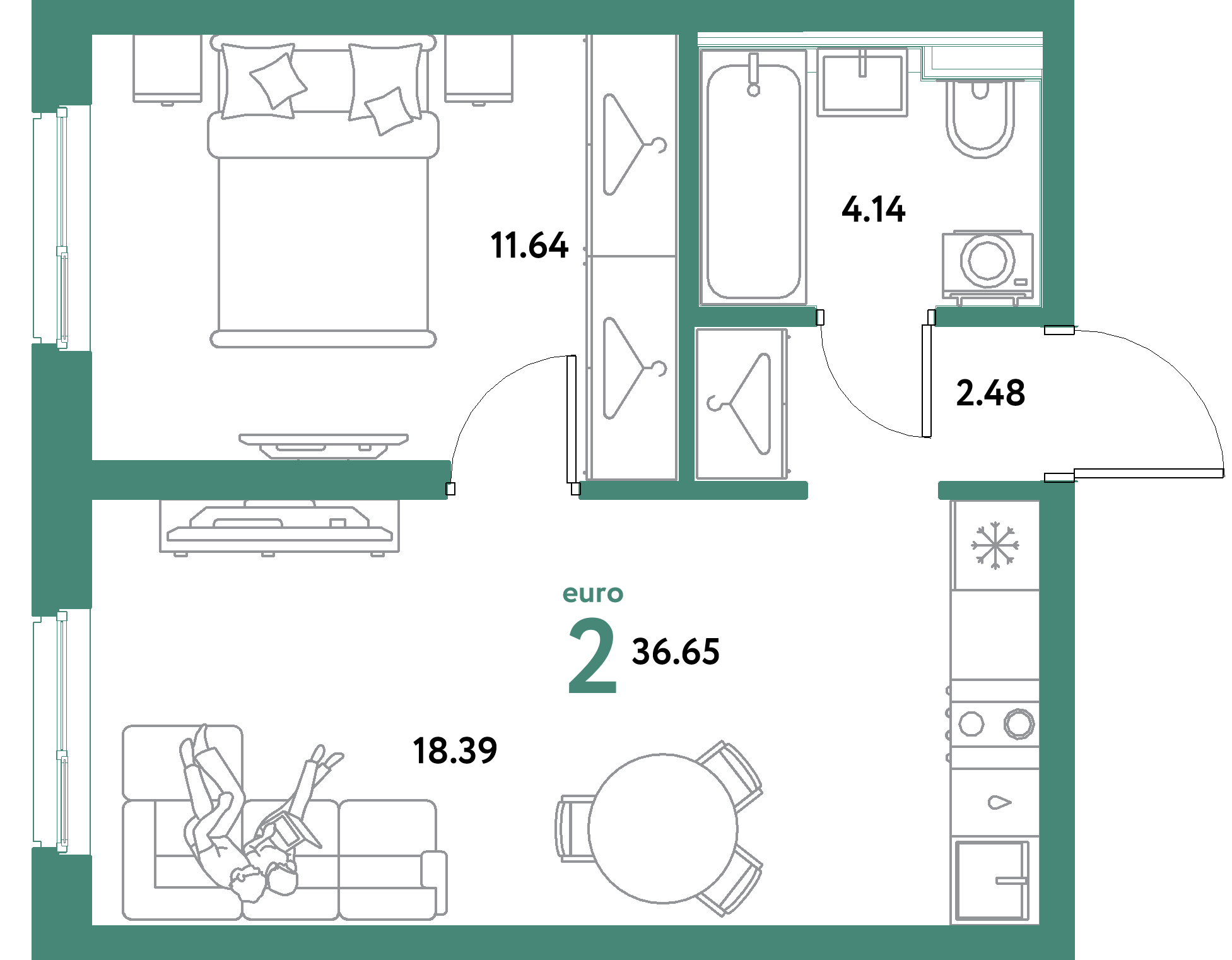 ЖК "Уральский сад"-2-комнатная 36.65 м²