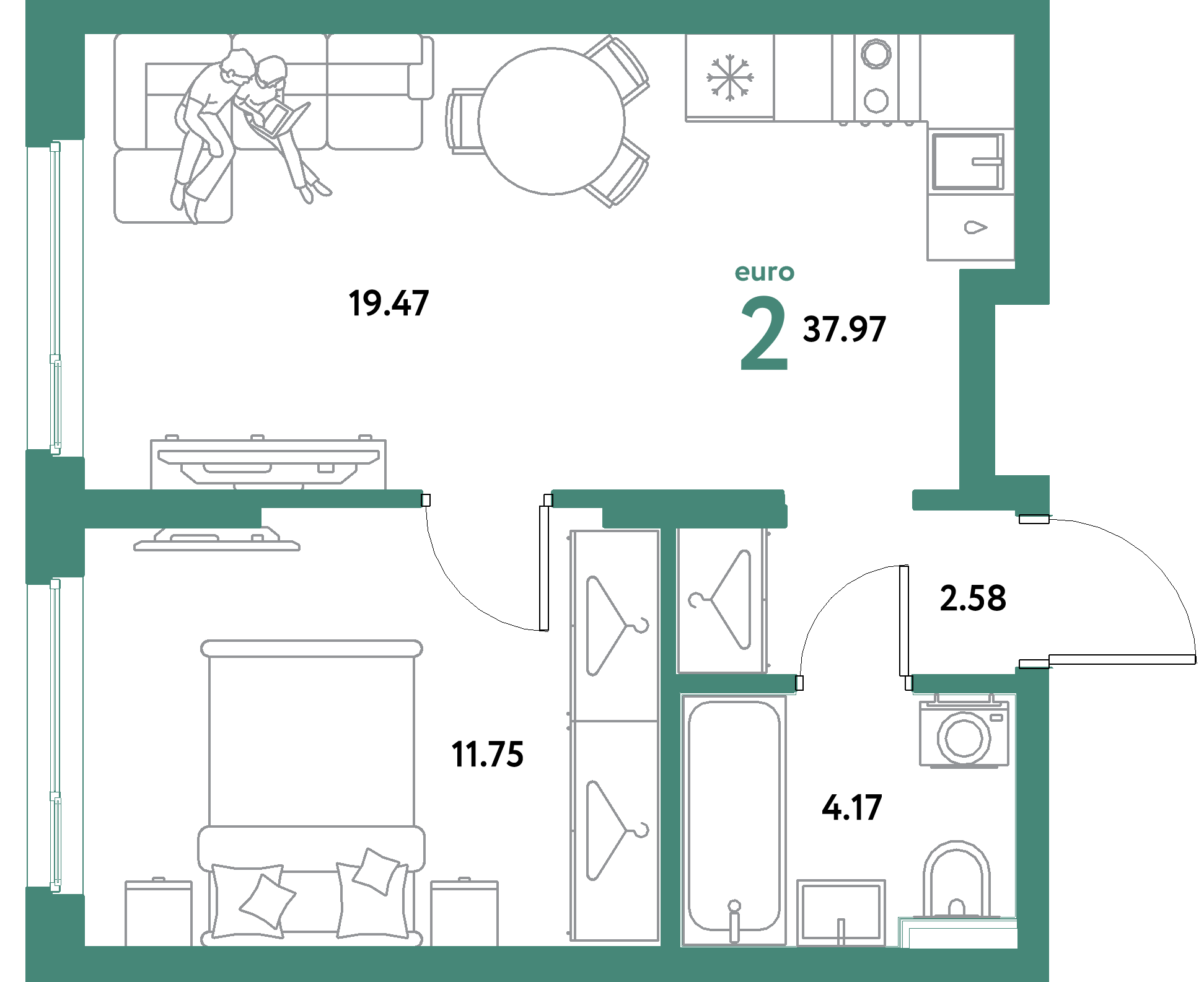 ЖК "Уральский сад"-2-комнатная 37.97 м²