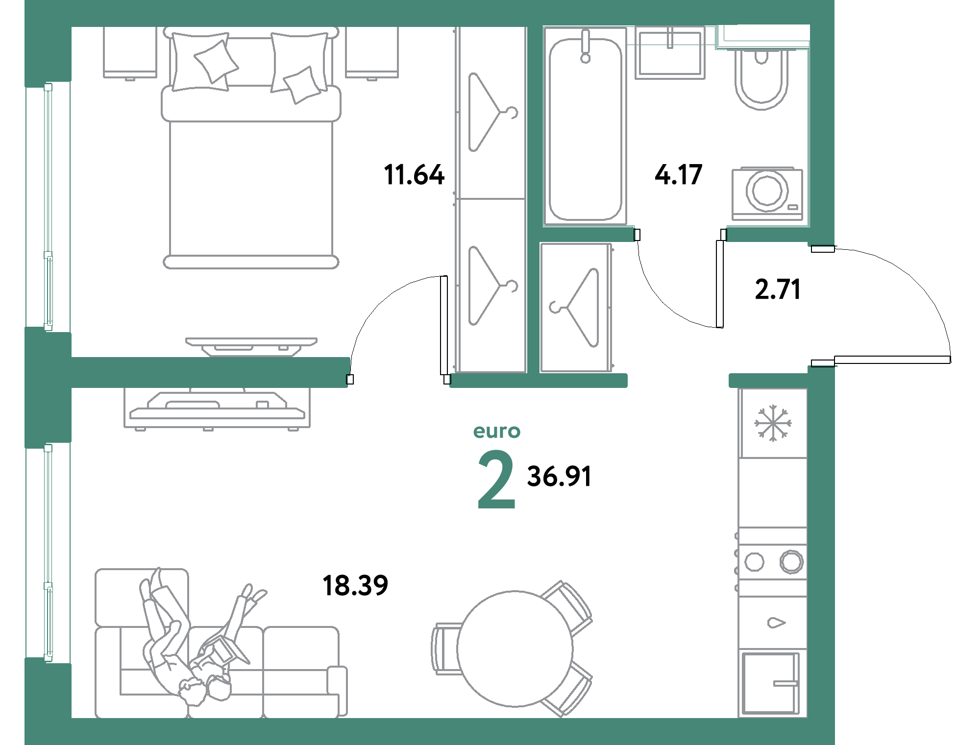 ЖК "Уральский сад"-2-комнатная 36.91 м²